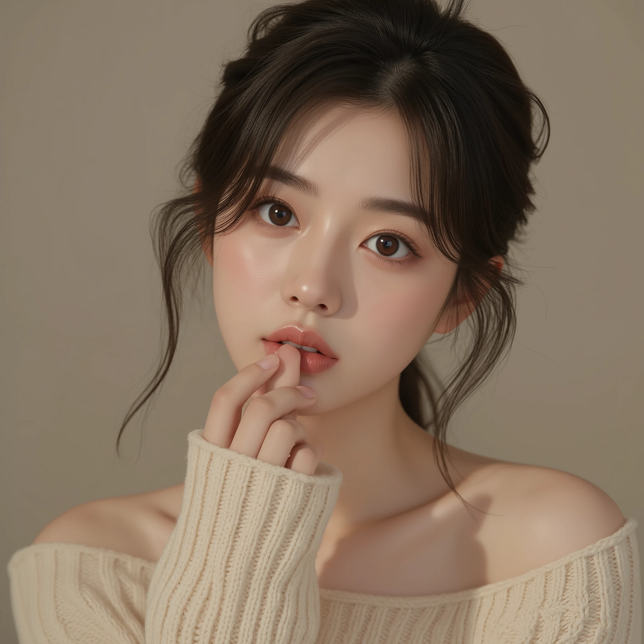 23 years old. Japanese girl. off-shoulder knit. Finger in front of mouth.