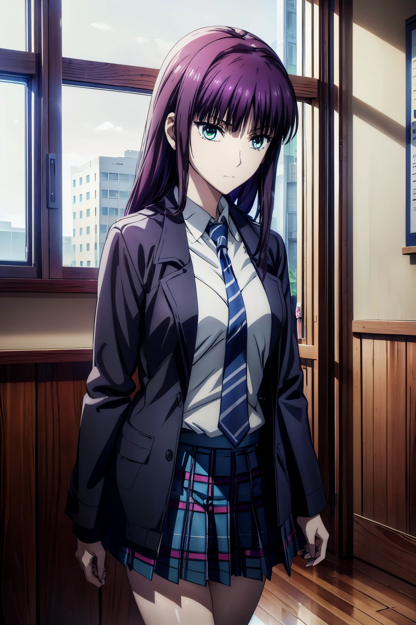 blazer uniform,赤 purple hair, green eyes, eyes like jewels, super high resolution, ((( green eyes))),赤 purple hair, beautifulアニメ高校の女の子,(Masterpiece:1.2, 最 high quality ), ( is present, photo is present:1.4), beautifulイラスト, ( natural light , Movie Screenplay ), nsfw, watch viewers , COWBOY SHOOTING , front view of the company:0.6, 1 girl, Japanese, university student の女の子, perfect face, beautiful髪, beautiful顔, beautiful and amazing eyes, beautiful鎖骨, beautiful体, beautiful胸, beautiful太もも, beautiful足, beautiful指 , ((( navy jacket ), Light Blue Collared Shirt, Dark Blue Pleated Mini Skirt Vibrator , Black Socks , blue tartan ribbon tie )), ( beautiful風景), evening , Riverside, walk, smooth anime cg art , 魅惑的な Anime Girl , Let's Make a Girl in a Long Coat , high definition, very detailedなイラスト, High Resolution Faces in a Gorgeous Guest Room , RAW photos in the loop, film grain , standing , UHD and 8K Connection , 長い赤 purple hairと green eyesをした Anime Girl , Anime Moe Art Style , 若い Anime Girl の接写, smooth anime cg art , beautifulアニメの university student の女の子, Anime Moe Art Style , シュールな university student の女の子, Anime Girl , 魅力的な Anime Girl , シュールな university student の女の子, GIRL WITH SHINY CLOTHING , high definition, CG Details , high quality shadows, beautiful、delicate face、All the details , ディテール beautiful DELICATE EYES FULL OF DECISION,break( High Resolution 8K Wallpaper ),(高度に CG Details 8kの壁紙),Makima ( chainsaw man ),Scathach ( destiny / Grand Order Required ),reika shimohira , high definition, とても繊細で beautifulCGイラスト,最 high quality , is present Feeling , is present fabric, is present texture,((( debris flies))), (((最 high quality ))),8k,At 32k,Masterpiece, beautiful and charming anime woman , Supermarkets, very detailed, high definition,シュールな university student の女の子,Masterpiece, 最 high quality , high quality , Freshness , high quality texture, high quality shadow, high detail, sex, 1 girl, university student , alone,I, alone, alone, ADULT BIB , beautiful長い脚, beautiful胸, beautiful太もも, Tight Legs , beautiful leg line , Slender Waist in an Unmanned Bar ,Mature body girl, big breasted with a cross eye, beautiful胸,reddish purple hair, purple hair, BLACK CURRANT HAIR , charming Anime Girl , colorful hair, Straight Hair ,shy smile,幸せそうなsmile, Brilliant Appearance ,cute smile,Cool Beauty, beautiful女性, handsome face , beautiful写実性, Attractive Figure , enchanting face , Calm Expression , beautiful髪,smile, colorful eyes , green eyes,Jade Eyes, beautiful目,bright eyes, DELICATE EYES FULL OF DECISION, Jewel Eyes ,Jade Eyes,( green eyes:1.5), charming face,8 heads,:171cm,彼女は首に necklace 身に着けています, necklace ,beaded necklace ,Magatama Accessories,smile