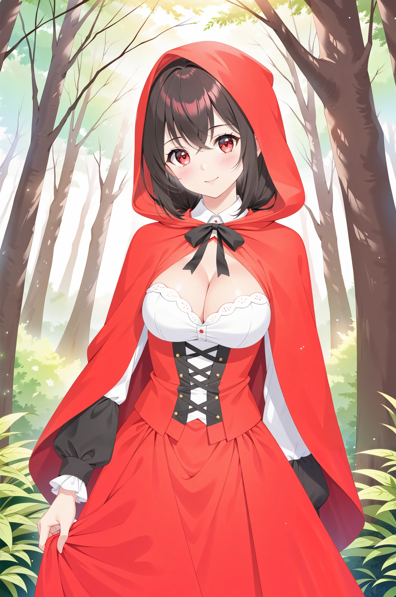 'Little Red Riding Hood.' 1women, forest, red cloak and hood,cleavage, large ribbon,soft colors,