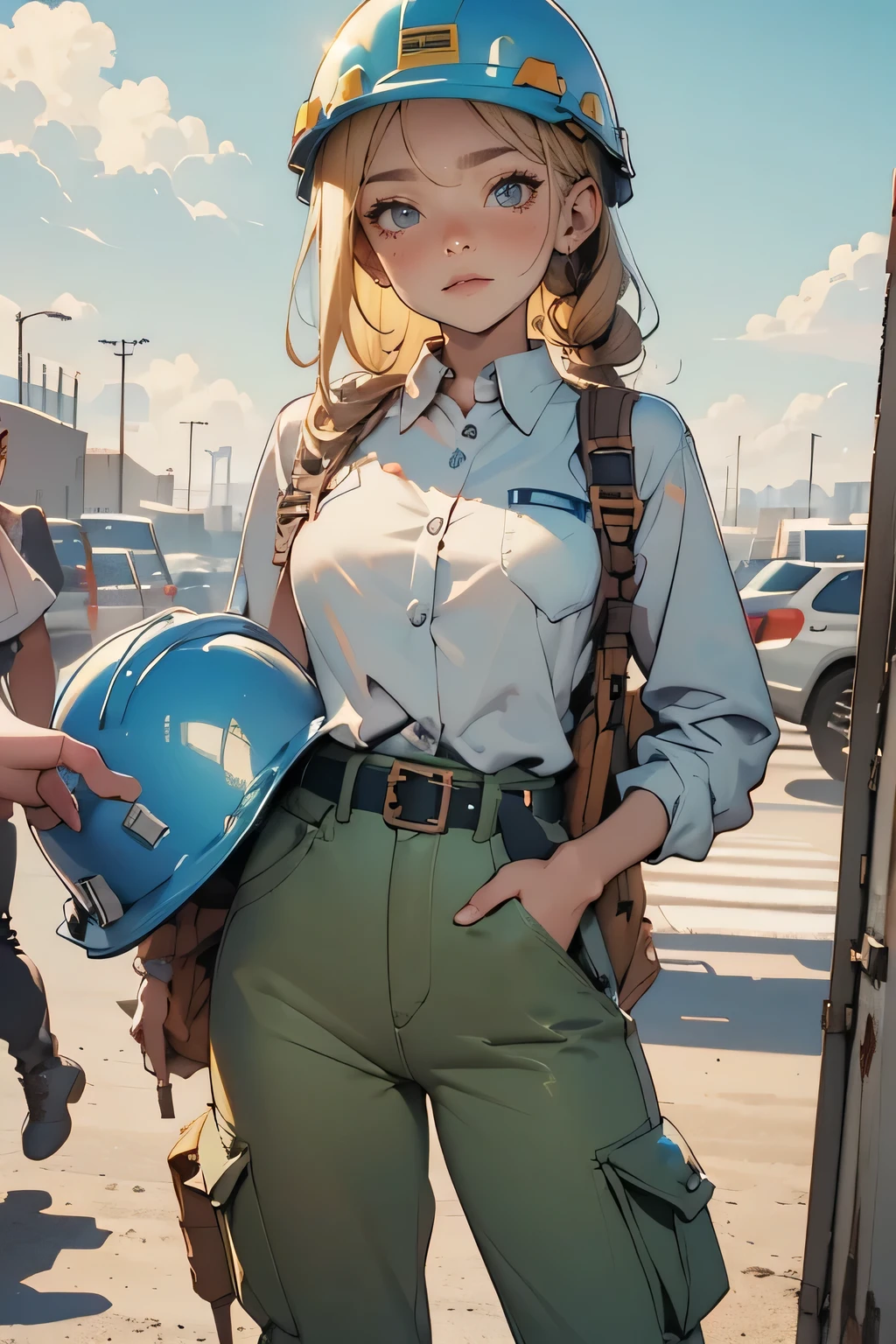 ( top quality,  high resolution),  Two girls working at a construction site  ,   long sleeve shirt,  cargo pants,  safety helmet, Work Belt, Height Safety Harness,  check construction progress on your tablet. ,a girl in a suit wearing a  safety helmet. , It's a meeting .,   under a blue sky .