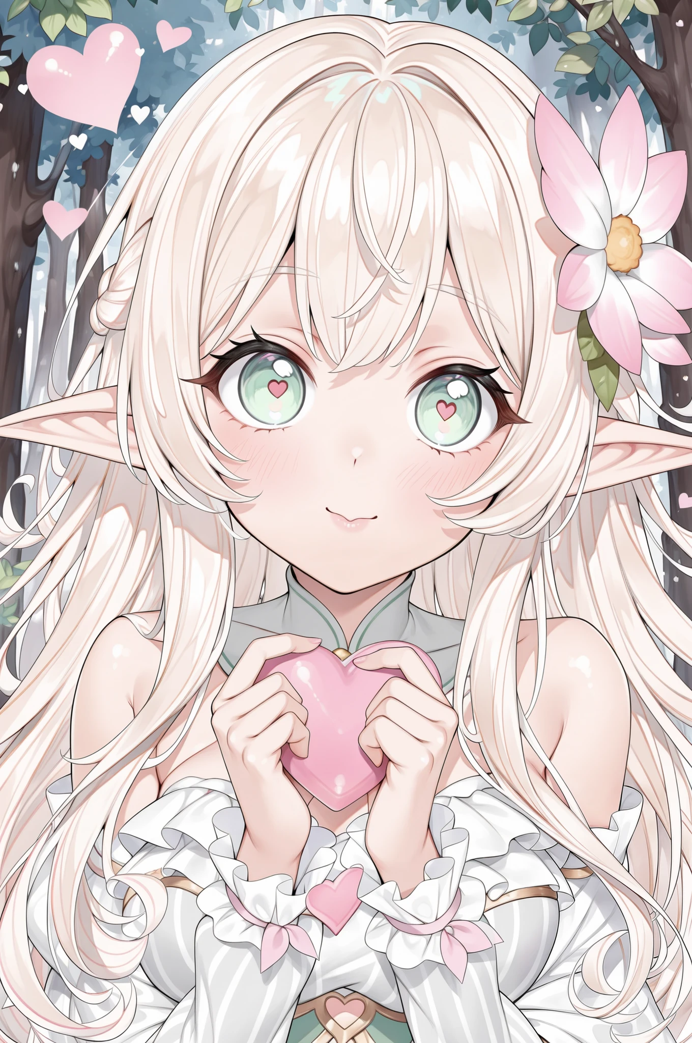 Best quality, masterpiece, ultra high res, a kawaii illustration of an elf woman, blonde hair, green eyes, heart, forest background