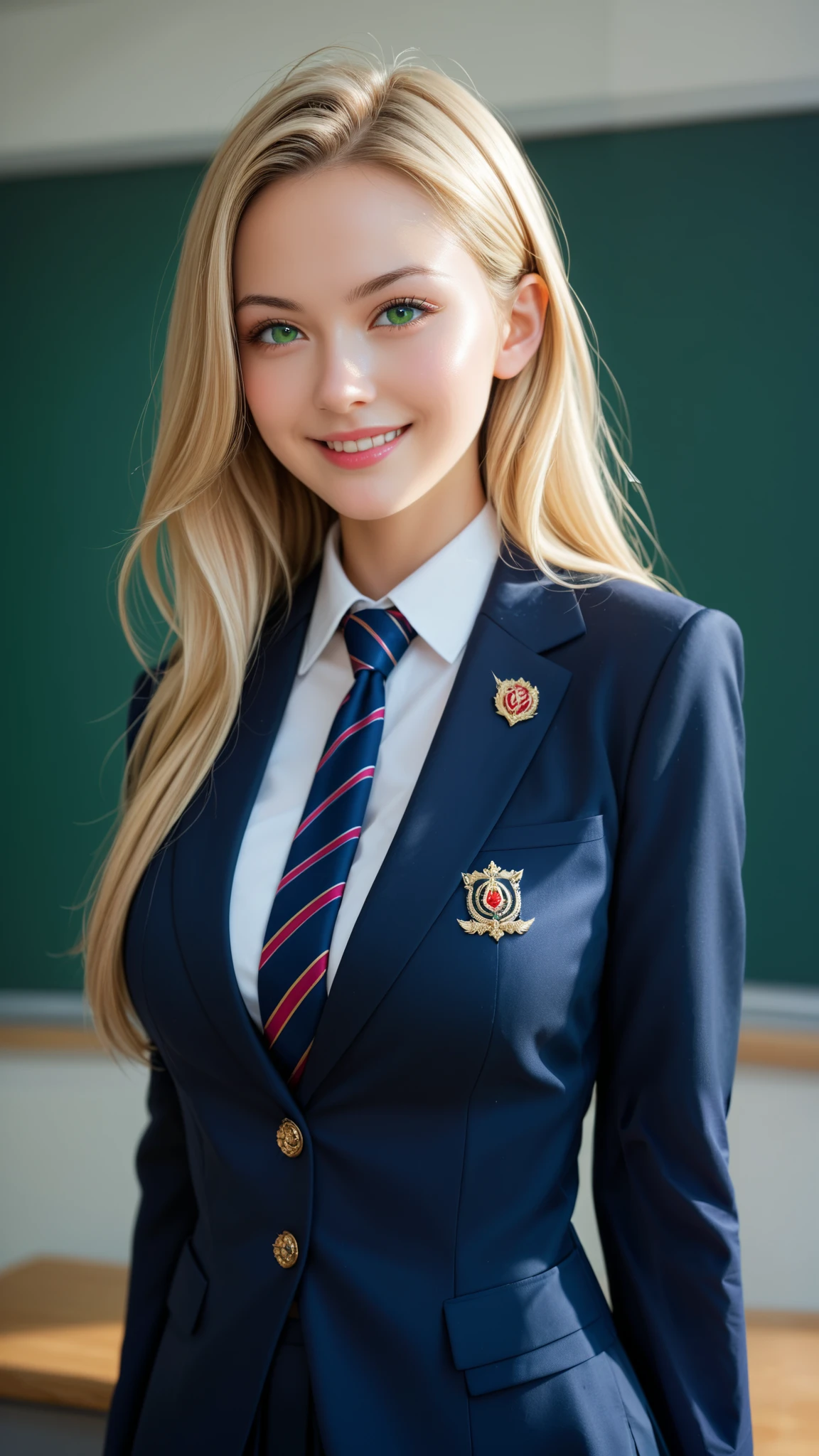 score_9, score_8_up, score_7_up, source_real, high resolution picture, super detailed, BREAK A breathtakingly beautiful woman, long hair, silky blonde hair, wearing a modern school uniform, blazer with intricate gold embroidery, tie, short skirt, tights, smirk, soft lighting to enhance the texture of the fabric, masterpiece, best quality, vibrant, very aesthetic, high contrast, photoresistic, newest, shiny skin, large breasts, 1woman, upper body, detailed face, detailed green eyes, forehead, sliced back hair, classroom
