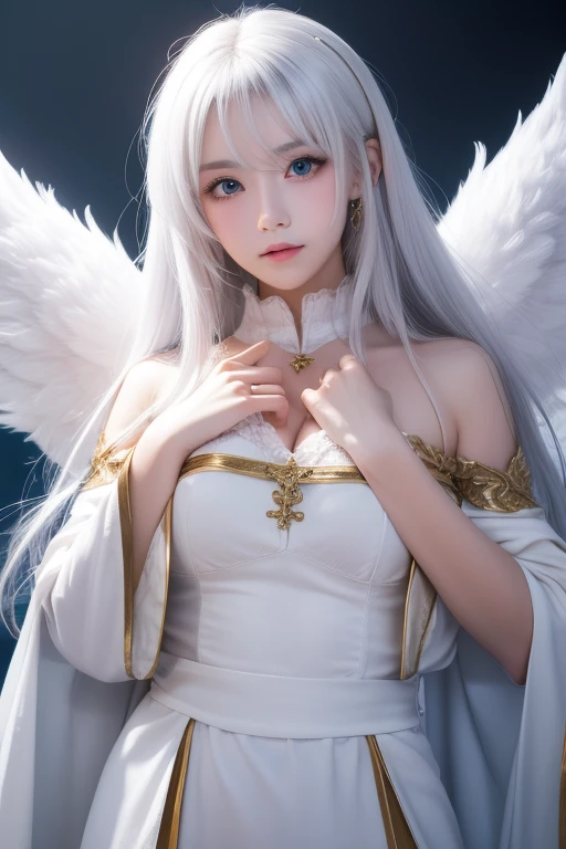 masterpiece, ((best quality)),highly detailed,pov,floating white feathers,backlighting,cloud,solo,(white_hair),long hair,yelow_eye,petite,large breast,(angel : cat_girl : 20),cat_ear,halo floating,wings,white_dress, mecha armor,