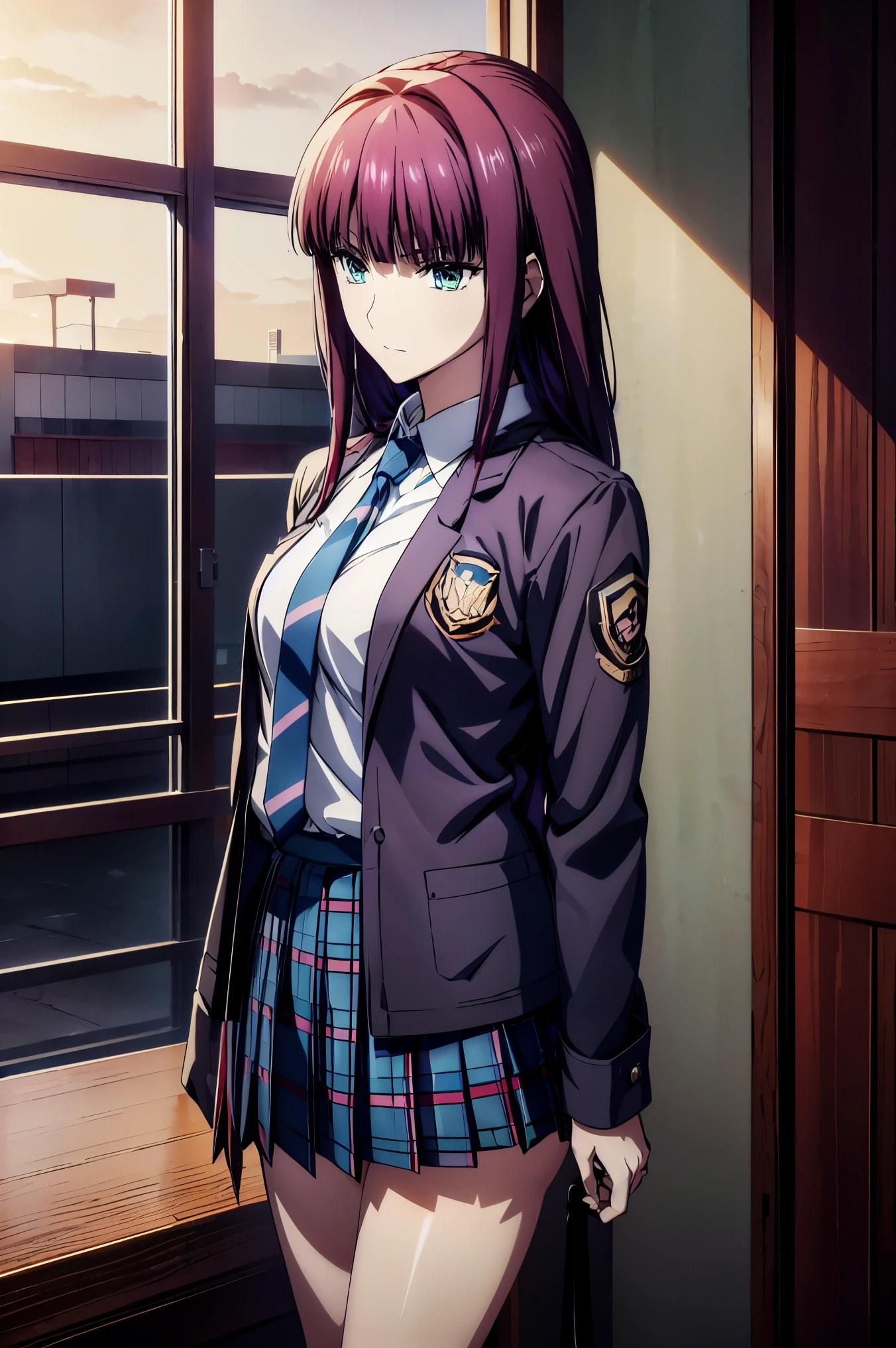 blazer uniform,赤 purple hair, green eyes, eyes like jewels, super high resolution, ((( green eyes))),赤 purple hair, beautifulアニメ高校の女の子,(Masterpiece:1.2, 最 high quality ), ( is present, photo is present:1.4), beautifulイラスト, ( natural light , Movie Screenplay ), nsfw, watch viewers , COWBOY SHOOTING , front view of the company:0.6, 1 girl, Japanese, university student の女の子, perfect face, beautiful髪, beautiful顔, beautiful and amazing eyes, beautiful鎖骨, beautiful体, beautiful胸, beautiful太もも, beautiful足, beautiful指 , ((( navy jacket ), Light Blue Collared Shirt, Dark Blue Pleated Mini Skirt Vibrator , Black Socks , blue tartan ribbon tie )), ( beautiful風景), evening , Riverside, walk, smooth anime cg art , 魅惑的な Anime Girl , Let's Make a Girl in a Long Coat , high definition, very detailedなイラスト, High Resolution Faces in a Gorgeous Guest Room , RAW photos in the loop, film grain , standing , UHD and 8K Connection , 長い赤 purple hairと green eyesをした Anime Girl , Anime Moe Art Style , 若い Anime Girl の接写, smooth anime cg art , beautifulアニメの university student の女の子, Anime Moe Art Style , シュールな university student の女の子, Anime Girl , 魅力的な Anime Girl , シュールな university student の女の子, GIRL WITH SHINY CLOTHING , high definition, CG Details , high quality shadows, beautiful、delicate face、All the details , ディテール beautiful DELICATE EYES FULL OF DECISION,break( High Resolution 8K Wallpaper ),(高度に CG Details 8kの壁紙),Makima ( chainsaw man ),Scathach ( destiny / Grand Order Required ),reika shimohira , high definition, とても繊細で beautifulCGイラスト,最 high quality , is present Feeling , is present fabric, is present texture,((( debris flies))), (((最 high quality ))),8k,At 32k,Masterpiece, beautiful and charming anime woman , Supermarkets, very detailed, high definition,シュールな university student の女の子,Masterpiece, 最 high quality , high quality , Freshness , high quality texture, high quality shadow, high detail, sex, 1 girl, university student , alone,I, alone, alone, ADULT BIB , beautiful長い脚, beautiful胸, beautiful太もも, Tight Legs , beautiful leg line , Slender Waist in an Unmanned Bar ,Mature body girl, big breasted with a cross eye, beautiful胸,reddish purple hair, purple hair, BLACK CURRANT HAIR , charming Anime Girl , colorful hair, Straight Hair ,shy smile,幸せそうなsmile, Brilliant Appearance ,cute smile,Cool Beauty, beautiful女性, handsome face , beautiful写実性, Attractive Figure , enchanting face , Calm Expression , beautiful髪,smile, colorful eyes , green eyes,Jade Eyes, beautiful目,bright eyes, DELICATE EYES FULL OF DECISION, Jewel Eyes ,Jade Eyes,( green eyes:1.5), charming face,8 heads,:171cm,彼女は首に necklace 身に着けています, necklace ,beaded necklace ,Magatama Accessories,smile, is laughing,
