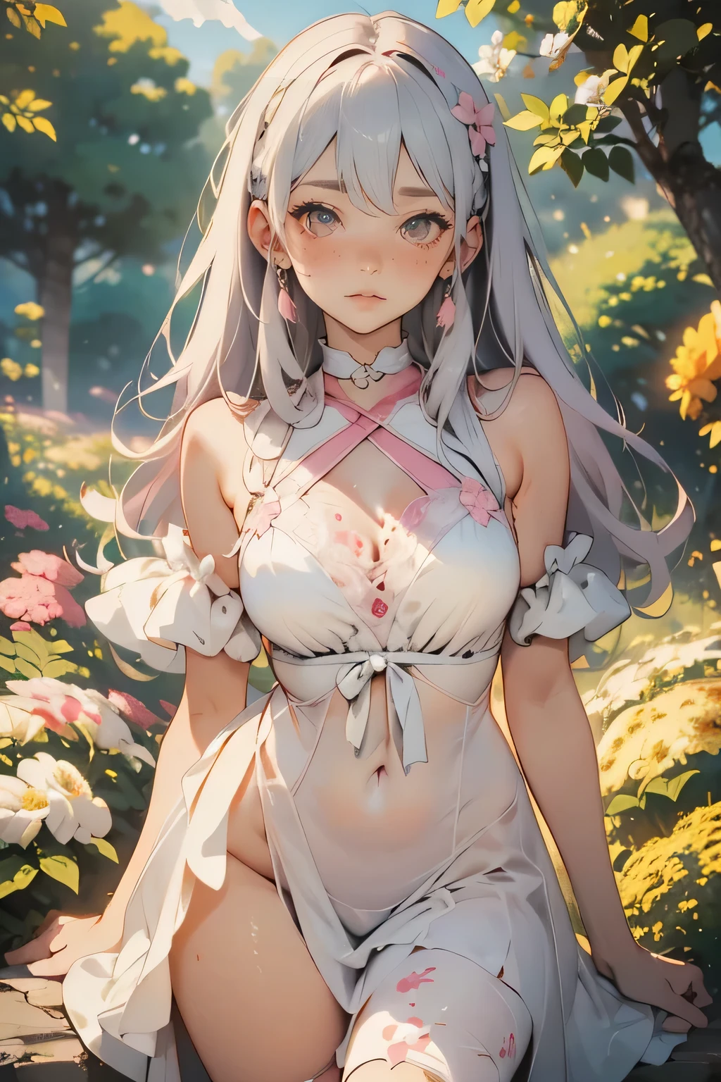   Details,  realism, 4K, -yeld gi 顔の  Details,  big yellow eyes, Fuller lips, Point your nose up,  pink strands on gray hair,  wearing a white dress , , Background Flowers,  has a white butterfly in the foreground , REALISTIC SHOT ,   Depth of Written Boundary ,  soft front light along with a large bike, Shine,  high resolution ( Calm Colors : 1.2),  CANON RF 100mm F2 .8L Macro ISUSM