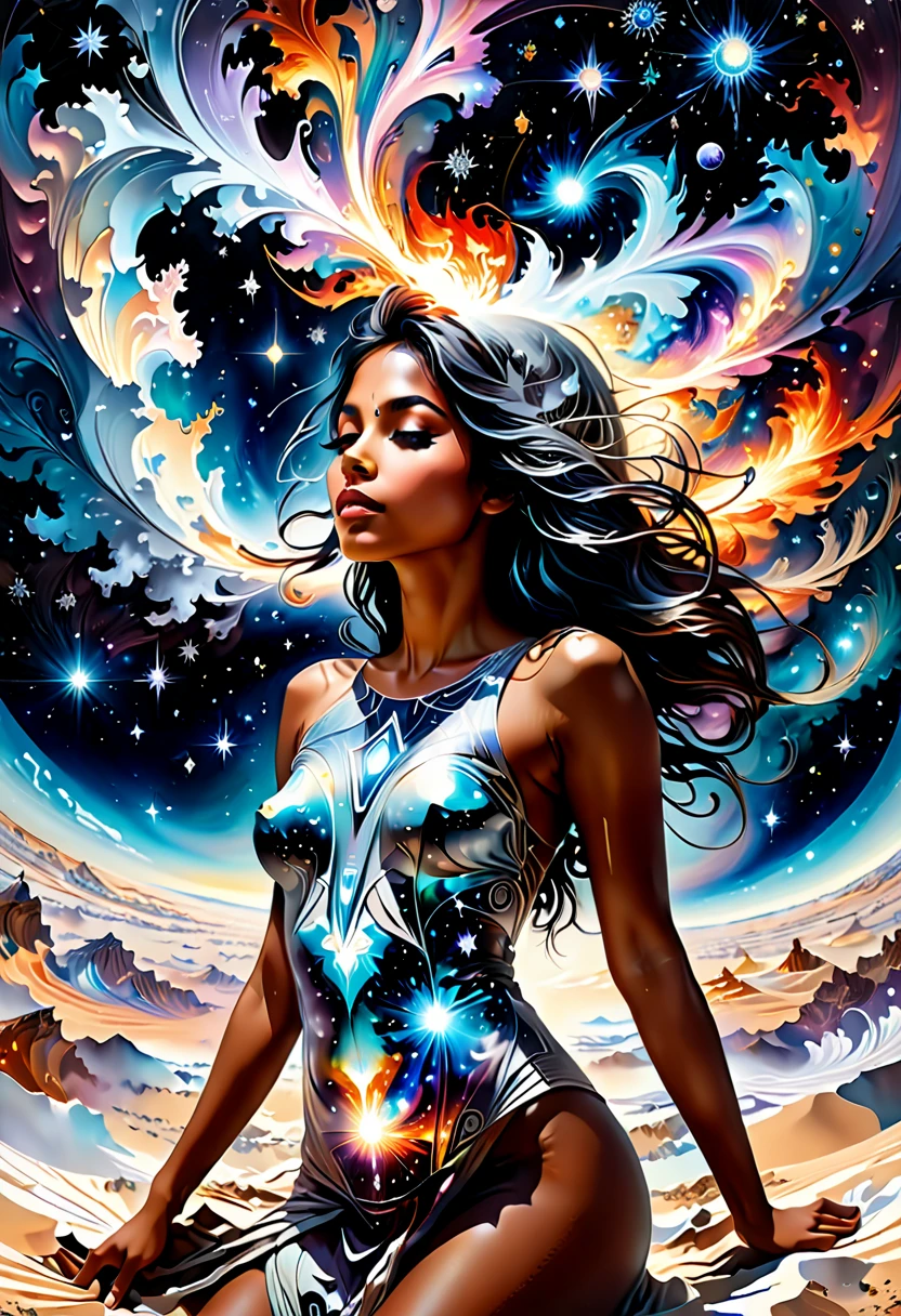 A galaxy of stars shaped like a body of a transparent black woman ,glistening in the sky over the ocean, transparent black woman shaped galaxy of stars reflecting on the ocean, aurora borealis in the background reflecting on the ocean, a beautiful fantasy art, night time, 32k, ultra HD image, photorealistic image.