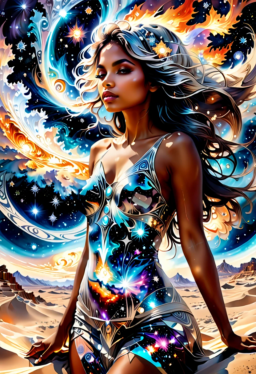 A galaxy of stars shaped like a body of a black woman ,glistening in the sky over the ocean, black woman shaped galaxy of stars reflecting on the ocean, aurora borealis in the background reflecting on the ocean, a beautiful fantasy art, night time, 32k, ultra HD image, photorealistic image.