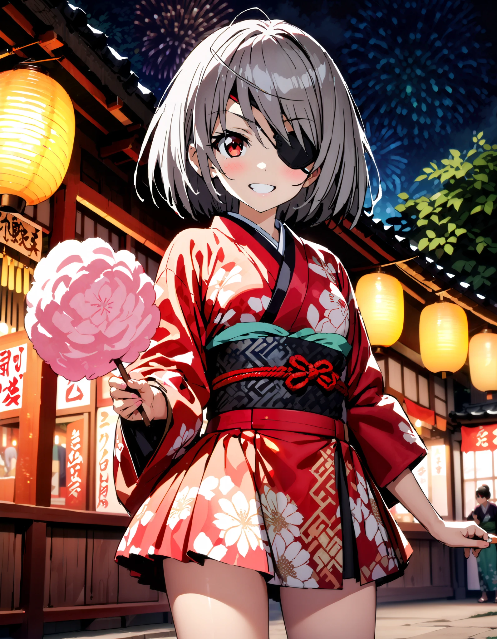 Laurabodewig, Laura Bodevich , red eyes, Grey Hair , Eye patch,smile,blush, grin , bun hair,Black flower pattern kimono, miniskirt,Bare legs, holding a stick with cotton candy on it with one hand, standing,Fireworks in the night sky, fireworks,The time is night, Japanese Festival,Summer festival food stalls, red lanterns,whole bodyがイラストに入るように,
break looking at viewer,whole body,
break outdoors,shrine,
break (masterpiece:1.2), top quality, high resolution, unity 8k 壁紙 , (shape:0.8), ( attention to beautiful details :1.6), Highly Detailed Face , perfect lighting, highly detailed CG, ( perfect hand, perfect anatomy),