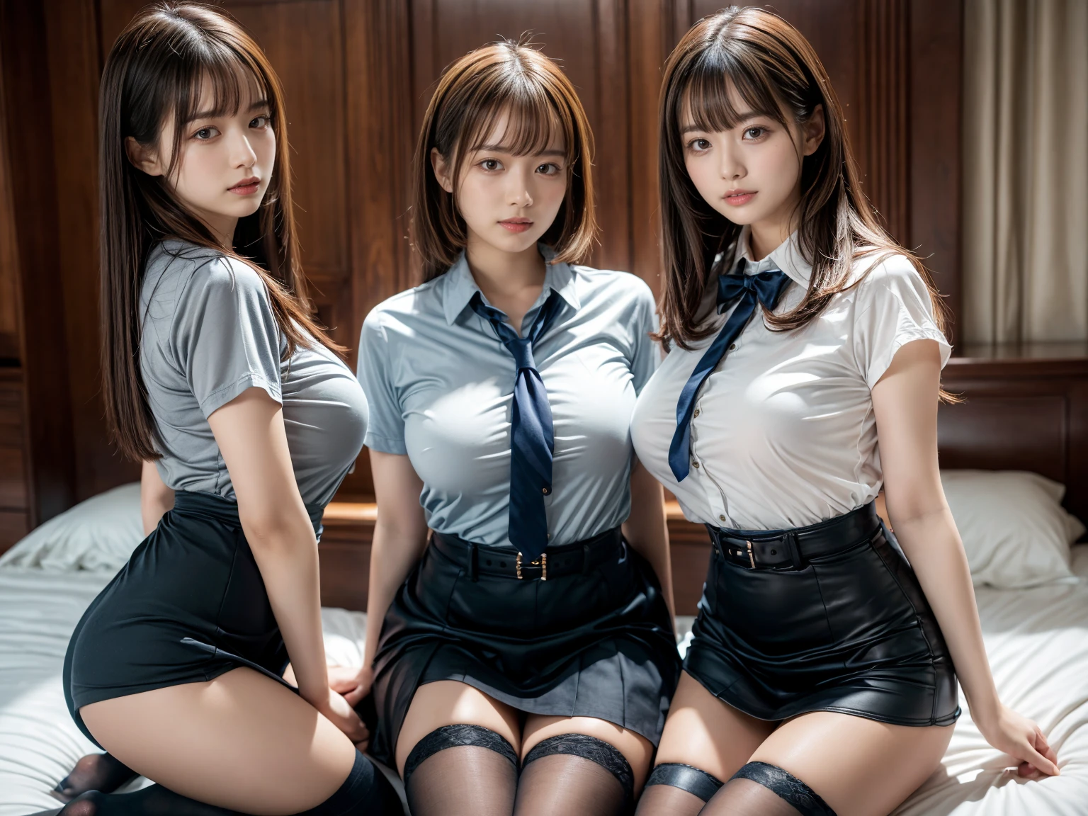 Three 20-year-old girls,wears glasses, blond hairbl, white shirt, Deep V-neckline, empty classroom, BDSM, Slaves, busty figure, black undersuit, black pantyhoses, Big emphasis, big butt emphasis, Bare breasts, sits at a table, Exposed ass, high-heels, finely-detailed eyes, skinny pants, Kissing each other, lesbian, 8k high res