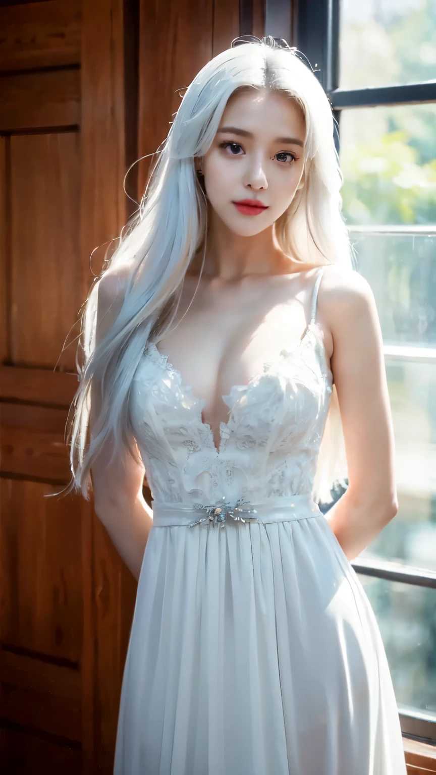 ((top quality、8k、Masterpiece:1.3))、Extremely delicate and beautiful girl,Very white skin,fiery red lips,Waist is very thin,Thighs are very thin,,White and smooth skin,Smooth and fair skin,flawless skin,Fair and shiny skin,cold white skin,The camera focuses on the chest,bright light,hair is white,A pair of huge white wings on the back,hazy light rays,hazy light rays,blurred white background,Long white dress,White hair,white hair,sad,shed tears
