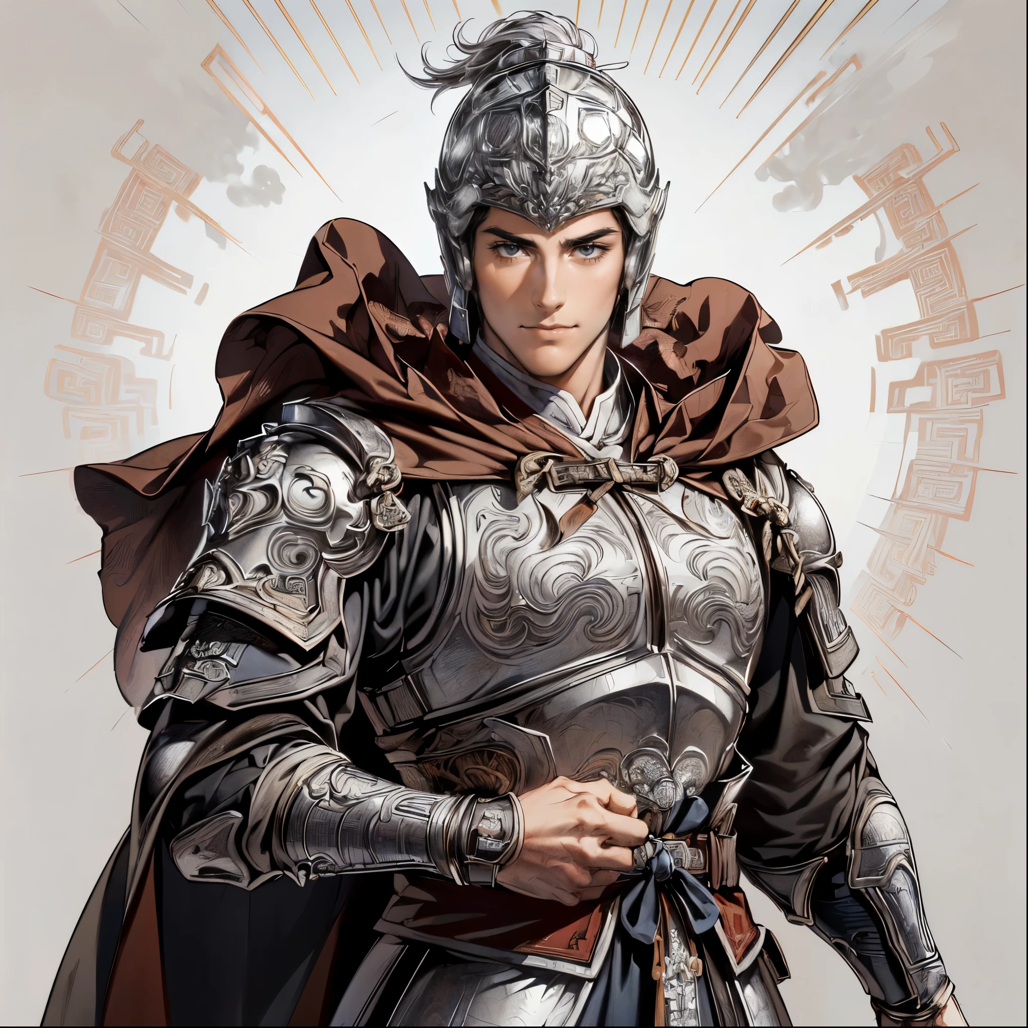 ( top quality,4K,8k, high resolution,masterpiece:1.2),super detailed,(super fine illustration),(((Handsome wearing an armor helmet drawn in an anime-style illustration ))),20 years old,Heroes of the Three Kingdoms,((Beautiful neutral boy :1.2)), beautiful face,Perfectly symmetrical face,Extremely Sexy Man , detailed eyes:1.2, perfect eyes,(( Attractive Dark Eyes )), Fresh Smile :1.2, shows white teeth and laughs,Thin eyebrows,(( well-trained body)),cinematic lighting, soft shadows,(( Ancient Chinese silver armor with engravings down to detailed works of art:1.3, deeply wears an ancient Chinese silver helmet drawn in detail:1.3,Holding an ancient Chinese sword :1.3,Place one hand on your lower back ,large red cloak:1.3)),(( cowboy shot:1.2)),(( WHITE BACKGROUND :1.3,simple background:1.3)),(( standing:1.3,Depicted so you can't see it from the tip of your head :1.3))