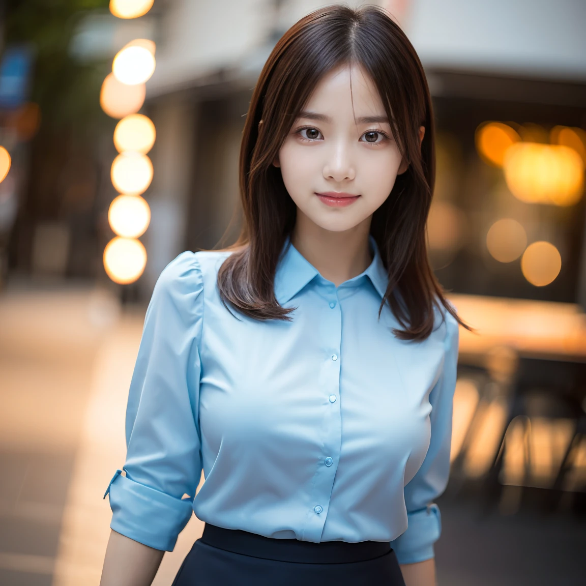 1girl in, (Wearing a light blue blouse:1.2), (Raw photo, Best Quality), (Realistic, Photorealsitic:1.4), masutepiece, Extremely delicate and beautiful, Extremely detailed, 2k wallpaper, amazing, finely detail, the Extremely Detailed CG Unity 8K Wallpapers, Ultra-detailed, hight resolution, Soft light, Beautiful detailed girl, extremely detailed eye and face, beautiful detailed nose, Beautiful detailed eyes, Cinematic lighting, city light at night, Perfect Anatomy, Slender body, Smiling
