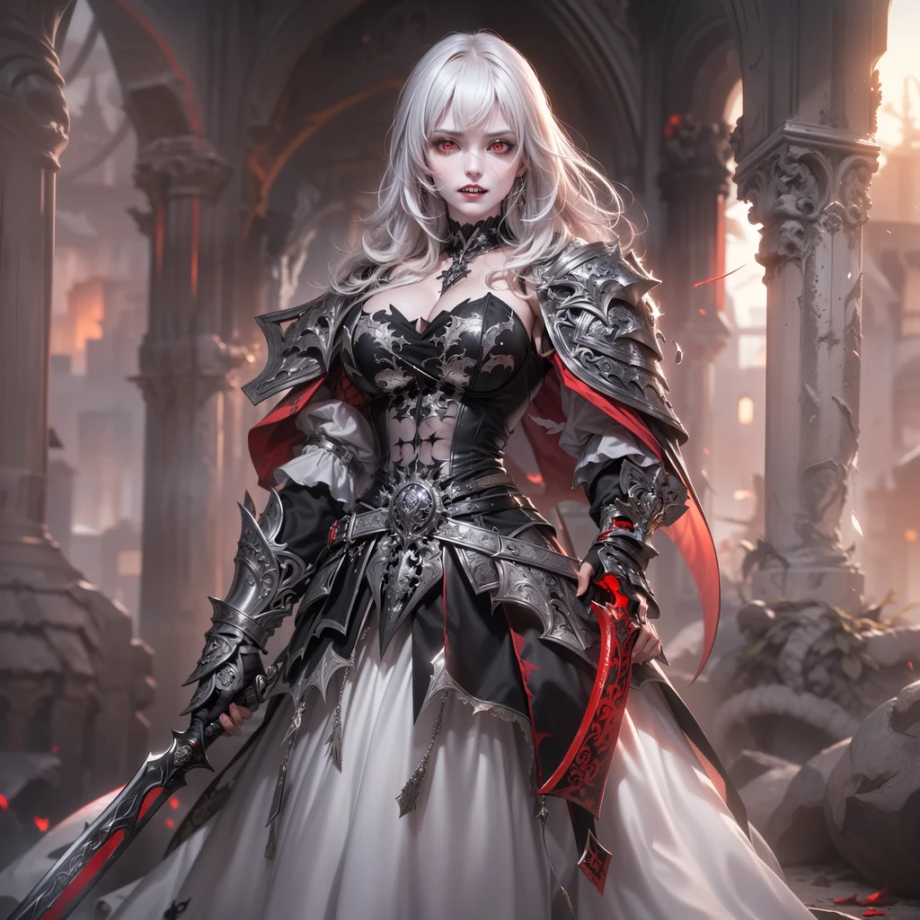 a witch girl ,white hair with pale skin,wearing a red dress with pieces of metal armor,dark crown on head,holding a bouquet of colorfull flowers,starring at camera,crying blood,dark fantasy,medieval,dark souls,elden ring,(blood: 1,5),detailed,realistic,4K