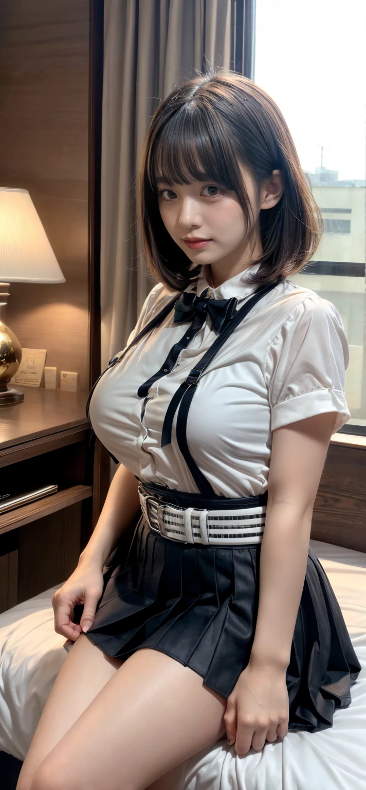 muste piece, best quality, illustration, Super detailed, fine details, High resolution, 8K,wall paper, perfect dynamic composition,(Details High quality, realistic depiction of eyes:1.3), (Fashionable, a belt black suspenders, Aside Cutter Shirt, a miniskirt, garterbelts), ponytail, Lying down, large breasts, black hair color, Big Natural Color Lip, bold sexy pose, crying a little、cold gaze, Harajuku style、20 year old girl、cute type、ta、beautiful legs, hotel room, hposing Gravure Idol