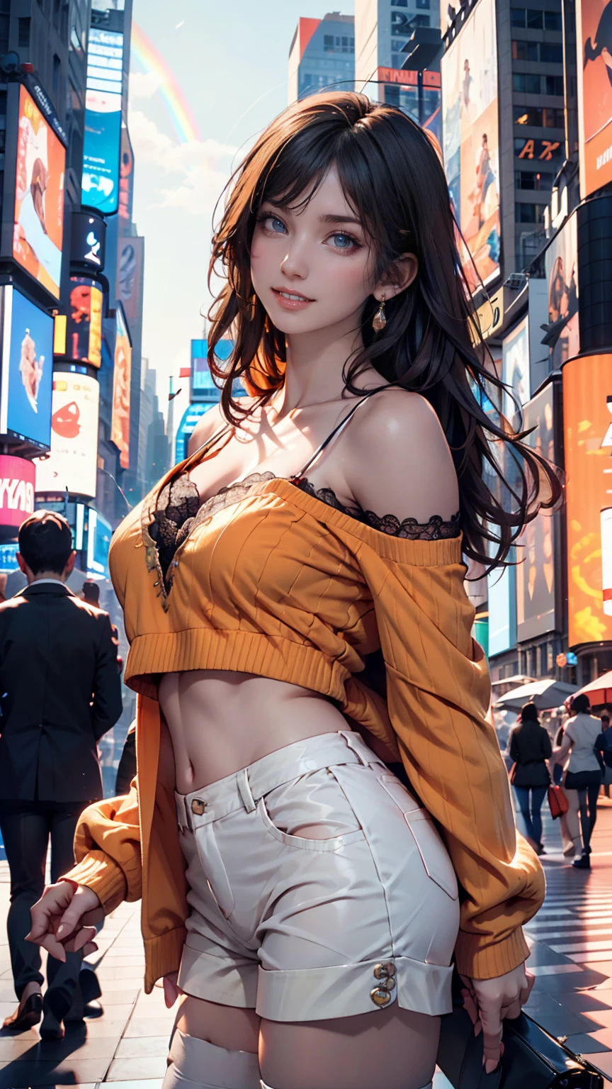 Thin big yellow sweater with bra showing through　omatsuri　natta　Orange Street Lights　prety woman　Emphasize the valley　Embarrassing gesture　hot　　cute young woman　Underwear sheer　shame　Hand forward　Creating a valley　Close to Angle　a smile　Cute young Japan　Close to Angle