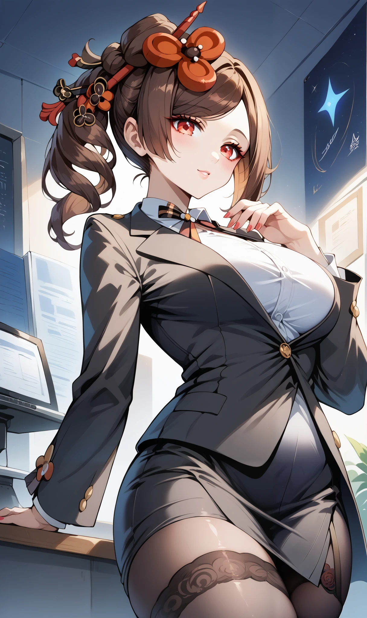 score_9, score_8_up, score_7_up, source_anime, 4K,perfect fingers,(perfect hands, perfect anatomy),prefect lighting, very aesthetic, intricate details,highly detailed background, masterpiece, high quality, best quality,
1girl,Solo,genshinchiori, chiori, brown hair, hair ornament, red eyes, flower, hair flower, large breast,
wearing ((office lady,black suit jacket,)),,
Curvy Girl,