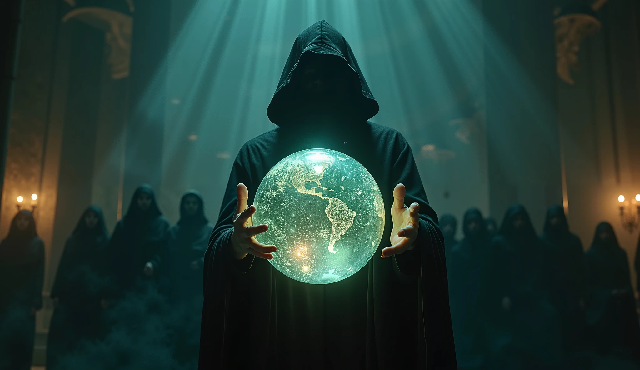 a holographic hooded silhouette of death holding the earth in his hand