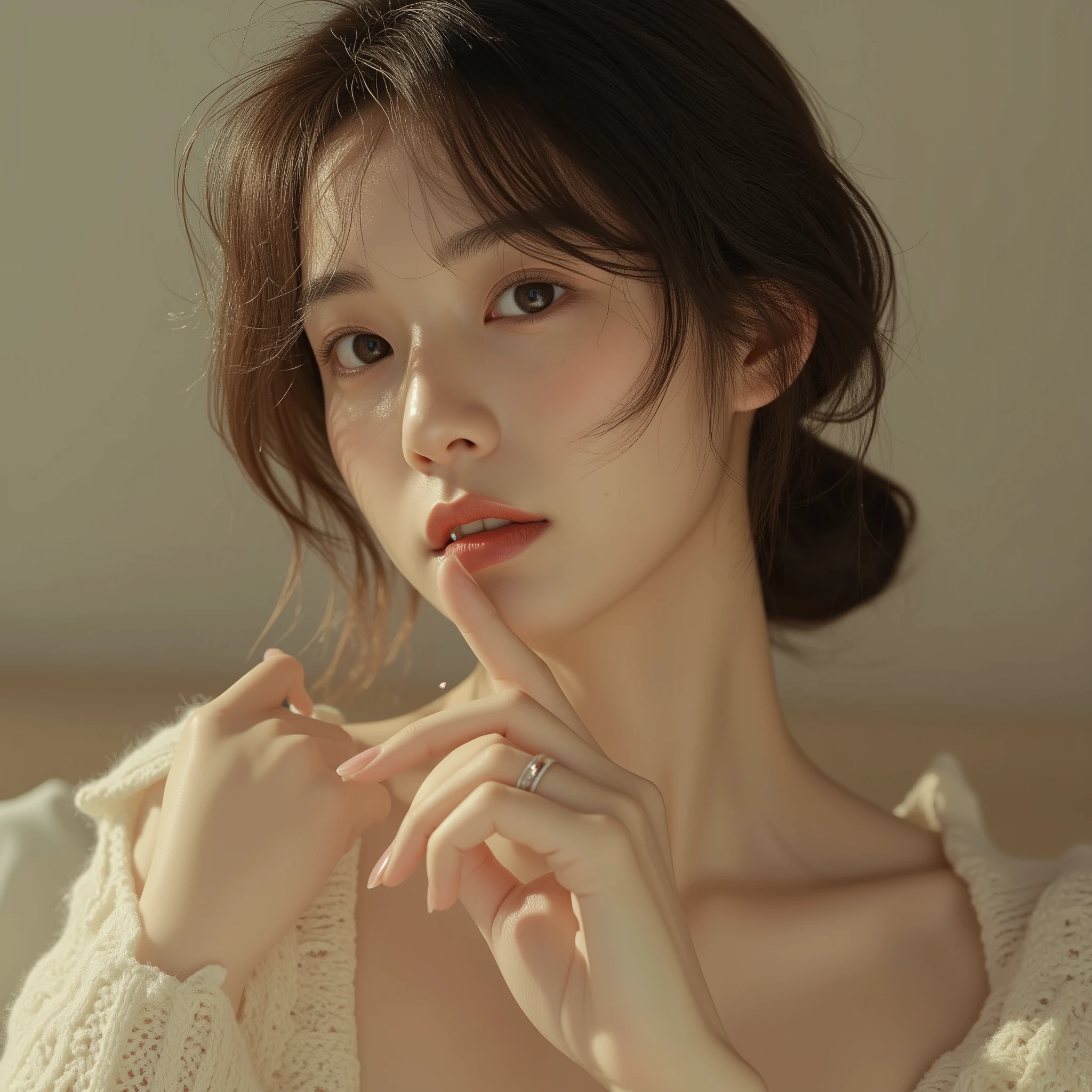 23 years old. Japanese girl. off-shoulder knit. Finger in front of mouth.