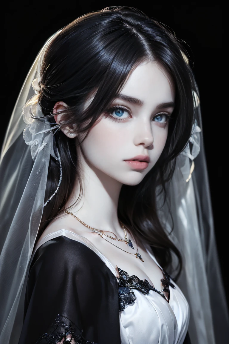 ((masterpiece, Highest quality, Very detailed, High resolution)), alone, beautiful girl, Shining Eyes, Perfect Eyes, 15 years old, Black White Gold theme,Gothic、Lace Face Veil
