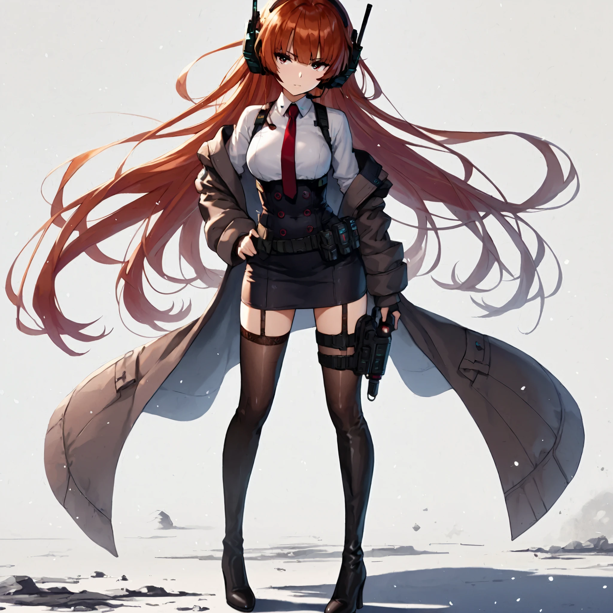 (Masterpiece, Top Quality), (Fine Hair), Ultra-Detailed, Anime Style, Solo, Full Length, very massive, muscular, sci-fi Operator Girl, auburn Japanese hair, headset, formal suit and tight skirt, high heeled boots, stockings, wearing long boots, White background, standing full length, her standing in desolate ground!
