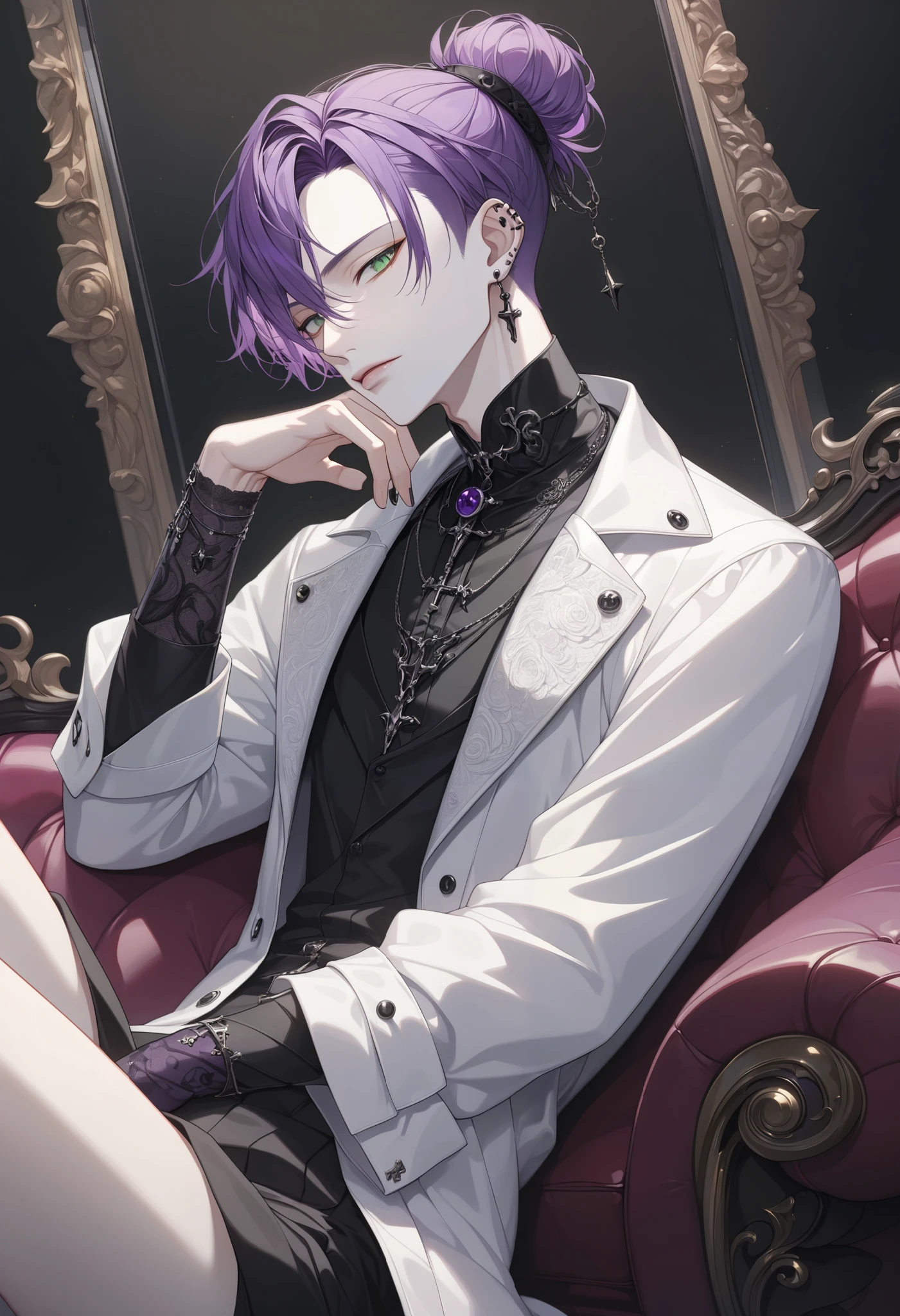  //Character 1male, BREAK// Fashion Gothic Expressionist Look, Edgy accessories, A messy bun for a relaxed yet stylish hairstyle, (((male))), ((pale skin)), ((high cheekbones)), ((green eyes)), ((long purple hair)), extremely beautiful male, well-defined thin lips, Correct nose, high details, best quality, [ultra detailed], masterpiece, best quality, (extremely detailed), dynamic angle, ultra detailed face [[anatomically correct]] dynamic position (1.7 intricate details, Masterpiece, best quality), dynamic angle, (1.4 intricate details, Masterpiece, best quality) gothic style, sits on a luxurious antique sofa, relaxed pose reflecting tiredness and thoughtfulness, gothic edgy luxury