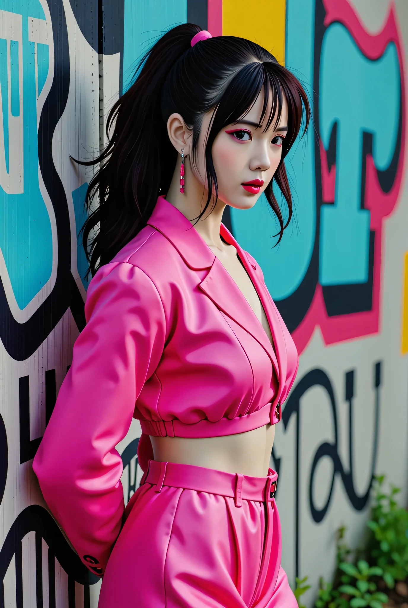 beautiful kpop idol girl wearing a pink hip-hop outfit covered elegantly, her curly long black hair beauty in ponytail, against the backdrop of a graffiti wall during the day, arms behind back,
