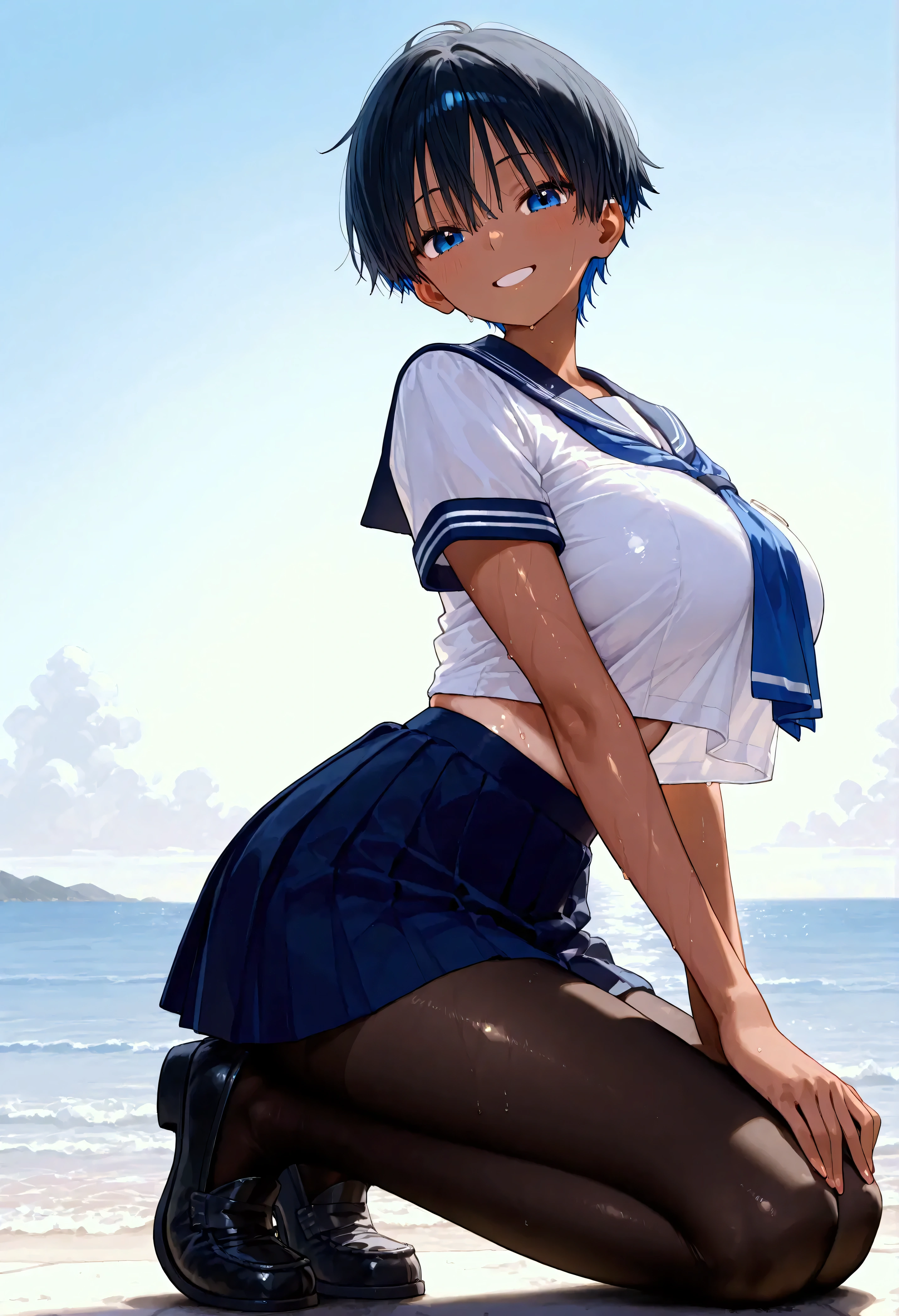 Anime girl sitting on the beach with her legs crossed - SeaArt AI