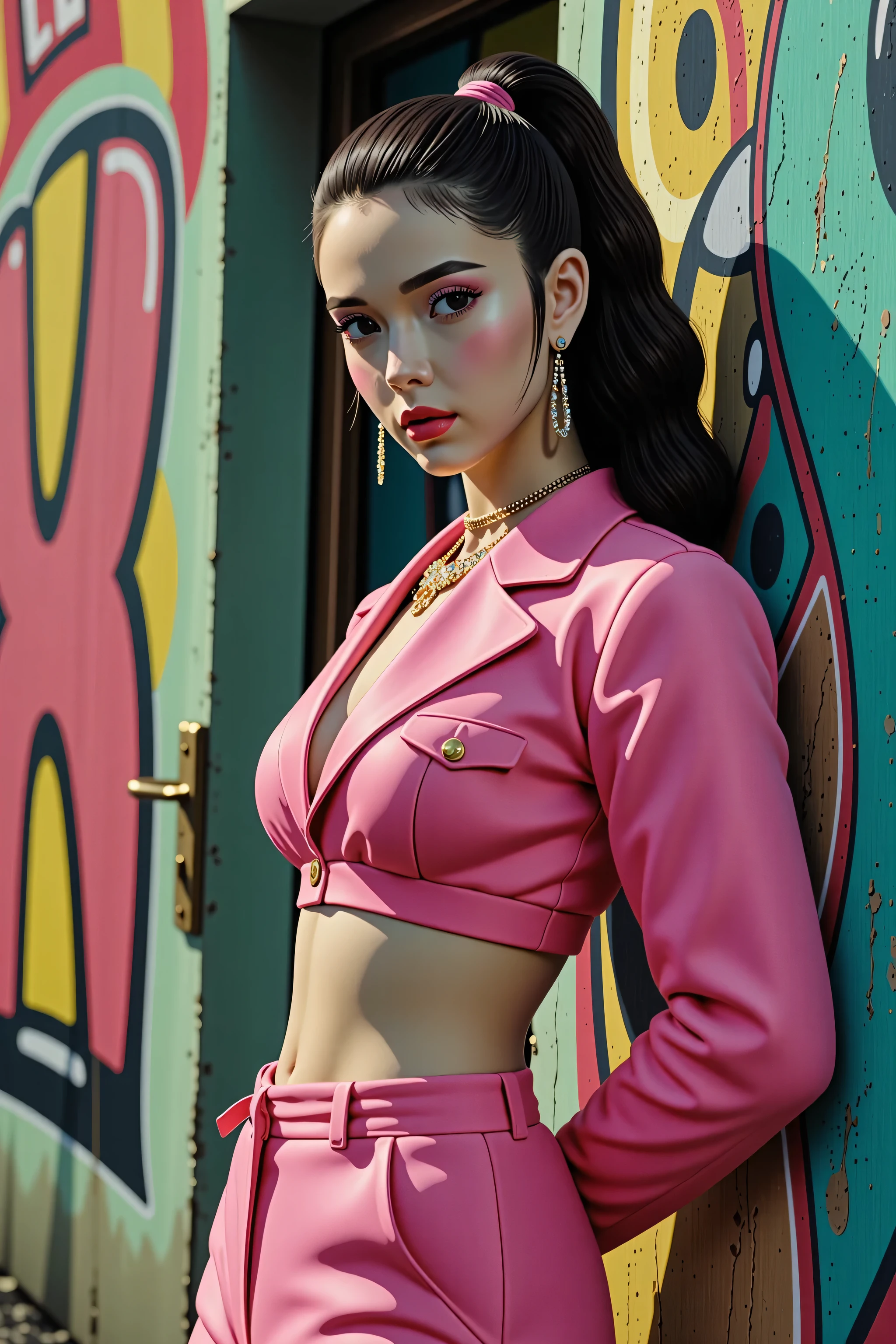 beautiful kpop idol girl wearing a pink hip-hop outfit covered elegantly, her curly long black hair beauty in ponytail, against the backdrop of a graffiti wall during the day, arms behind back,
