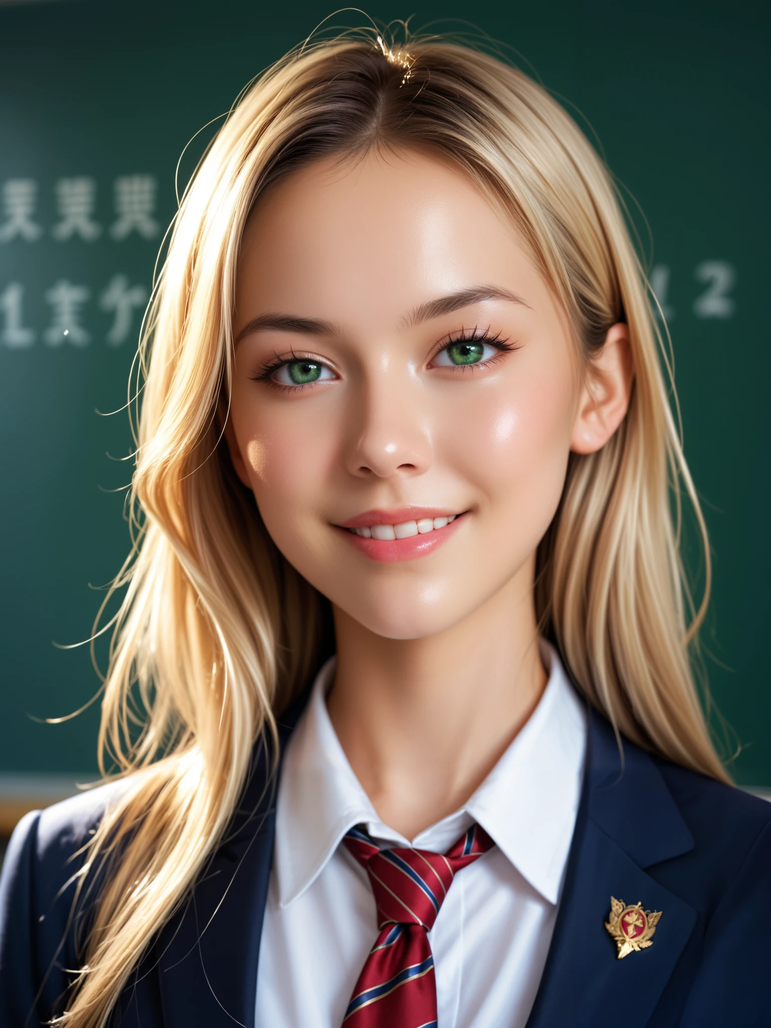 score_9, score_8_up, score_7_up, source_real, high resolution picture, super detailed, BREAK A breathtakingly beautiful woman, long hair, silky blonde hair, wearing a modern school uniform, (blazer with intricate gold embroidery), tie, smirk, soft lighting to enhance the texture of the fabric, masterpiece, best quality, vibrant, very aesthetic, high contrast, photoresistic, newest, shiny skin, large breasts, 1woman, bust-up shot, detailed face, detailed green eyes, forehead, sliced back hair, classroom