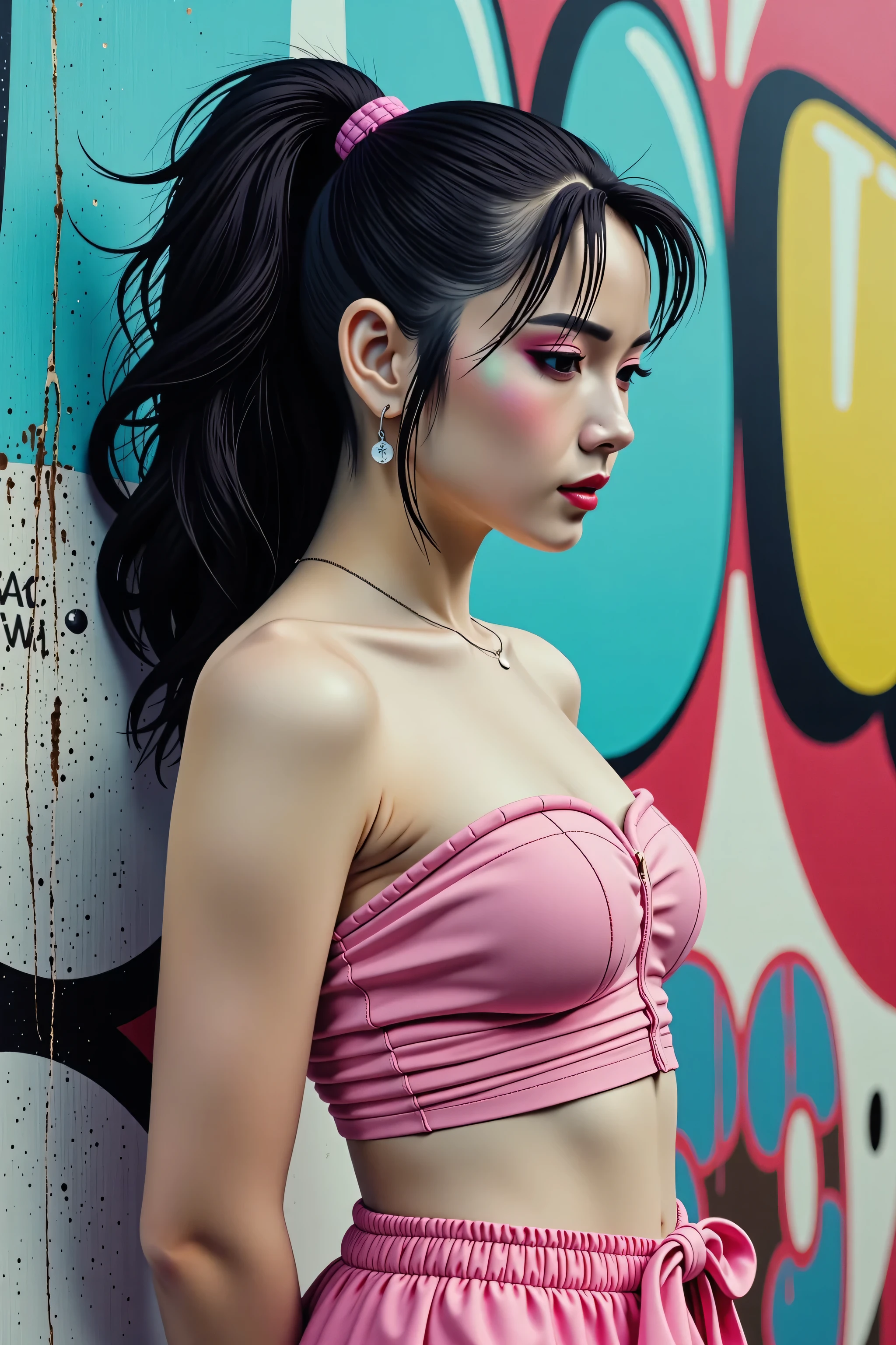 beautiful kpop idol girl wearing a pink hip-hop outfit covered elegantly, her curly long black hair beauty in ponytail, against the backdrop of a graffiti wall during the day, arms behind back,