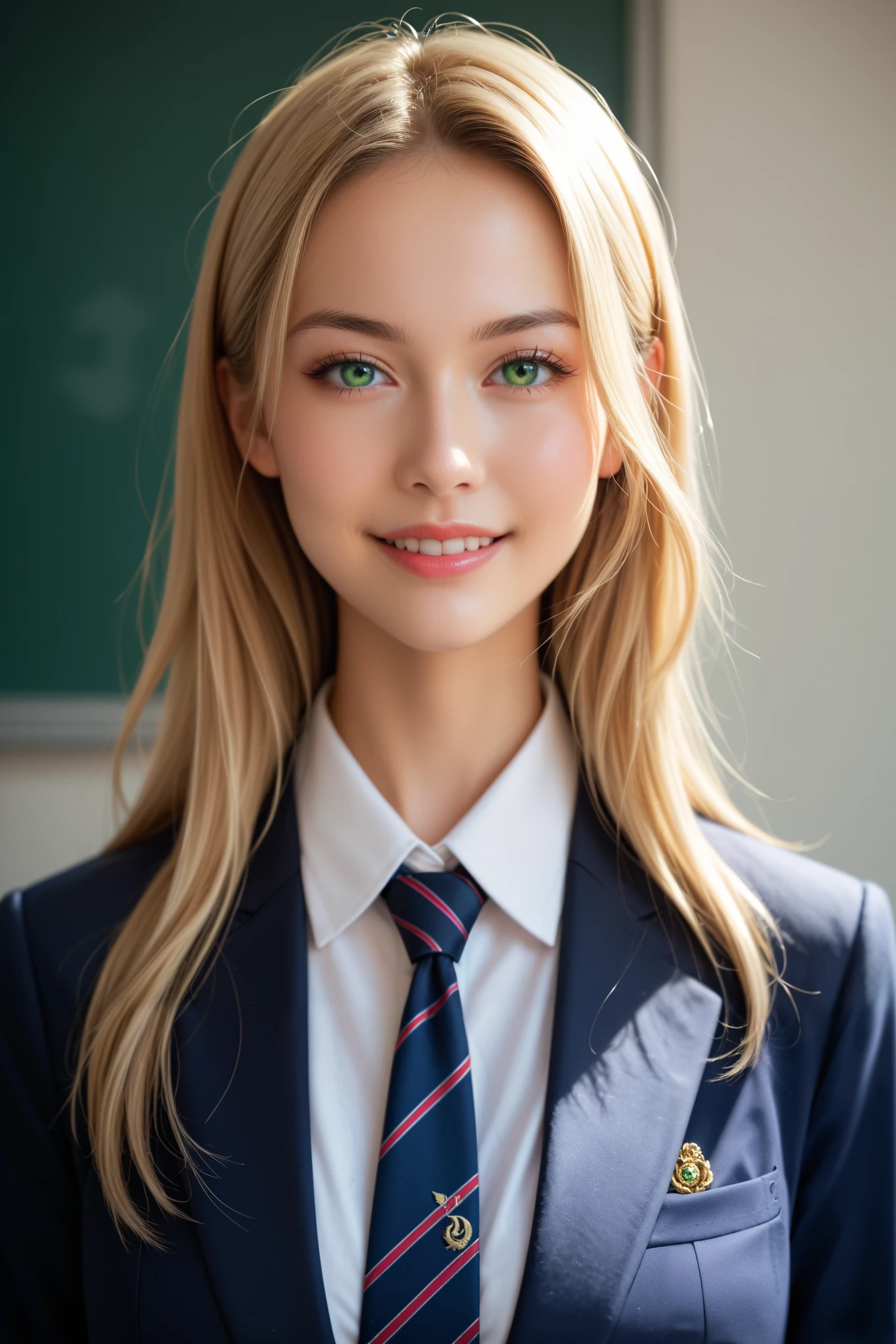 score_9, score_8_up, score_7_up, source_real, high resolution picture, super detailed, BREAK A breathtakingly beautiful woman, long hair, silky blonde hair, wearing a modern school uniform, (blazer with intricate gold embroidery), tie, smirk, soft lighting to enhance the texture of the fabric, masterpiece, best quality, vibrant, very aesthetic, high contrast, photoresistic, newest,  shiny skin, , 1woman, bust-up shot, detailed face, detailed green eyes, forehead, sliced back hair, classroom