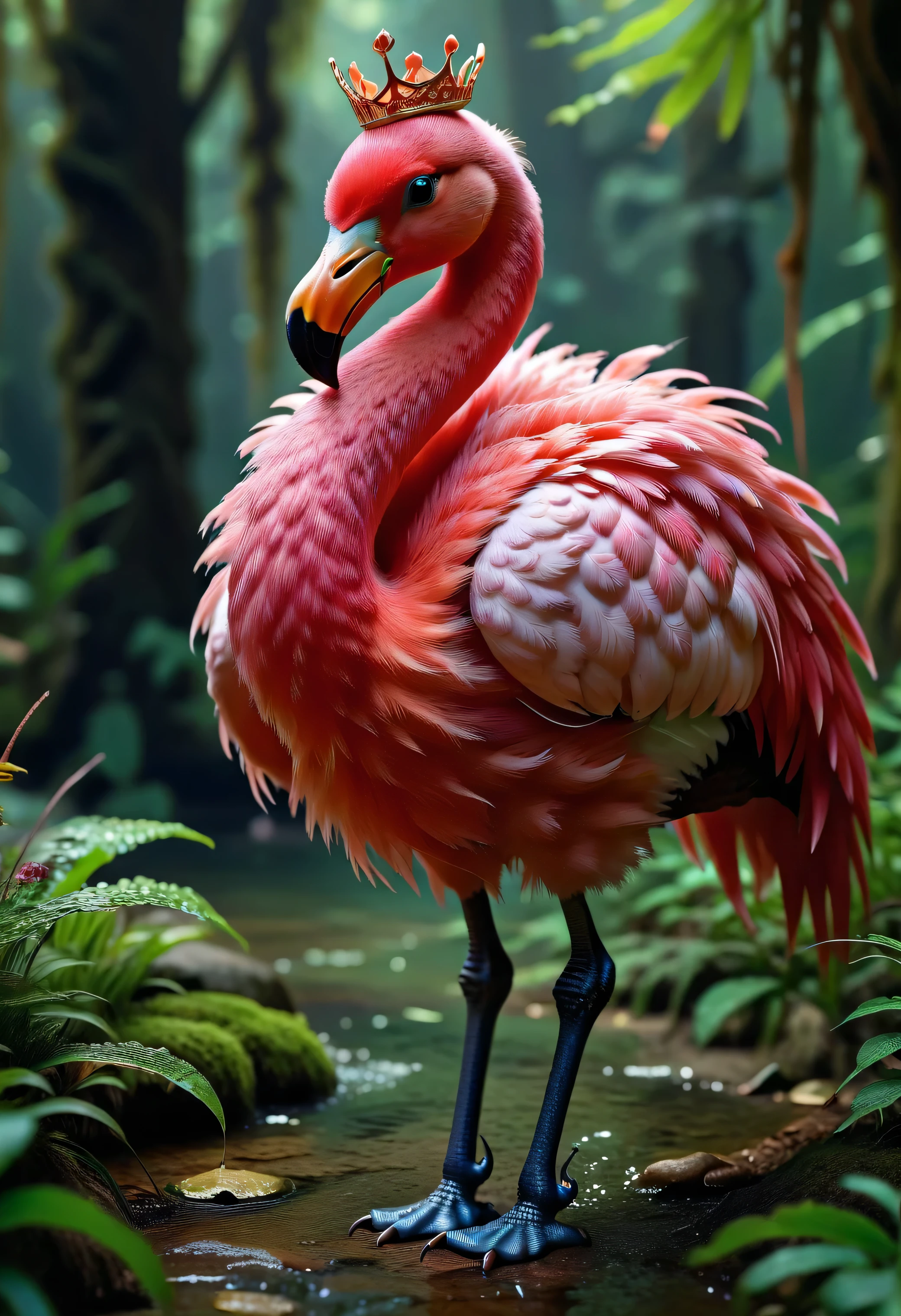 safe_pos, (score_9, score_8_up:1.1), score_7_up, photorealistic, rating:explicit fking_scifi anthropomorphic flamingo queen. Show the whole body. The feather color is pink-purple. The presence of soft feathers and a crown on the head. Armor with intricate details. outside in a magical swamp. multicolored orbs in backgroundRich in scale texture. Professional studio shots. Ultra-realistic, intricate details absurdres, masterpiece,, Expressiveh choker, anklets, pubic-hair, flux-style ((masterpiece, Highest quality, Best image quality, High resolution, Realistic, RAW Photos, 8k, Highly detailed)) 4lch3my_l4b CyberRealistic_Negative_PONY