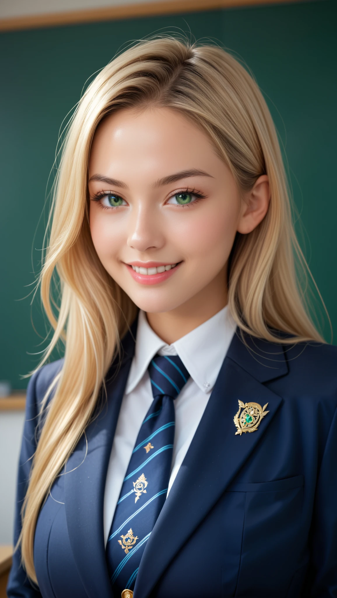 score_9, score_8_up, score_7_up, source_real, high resolution picture, super detailed, BREAK A breathtakingly beautiful woman, long hair, silky blonde hair, wearing a modern school uniform, (blazer with intricate gold embroidery), tie, smirk, soft lighting to enhance the texture of the fabric, masterpiece, best quality, vibrant, very aesthetic, high contrast, photoresistic, newest,  shiny skin, large breasts, 1woman, bust-up shot, detailed face, detailed green eyes, forehead, sliced back hair, classroom