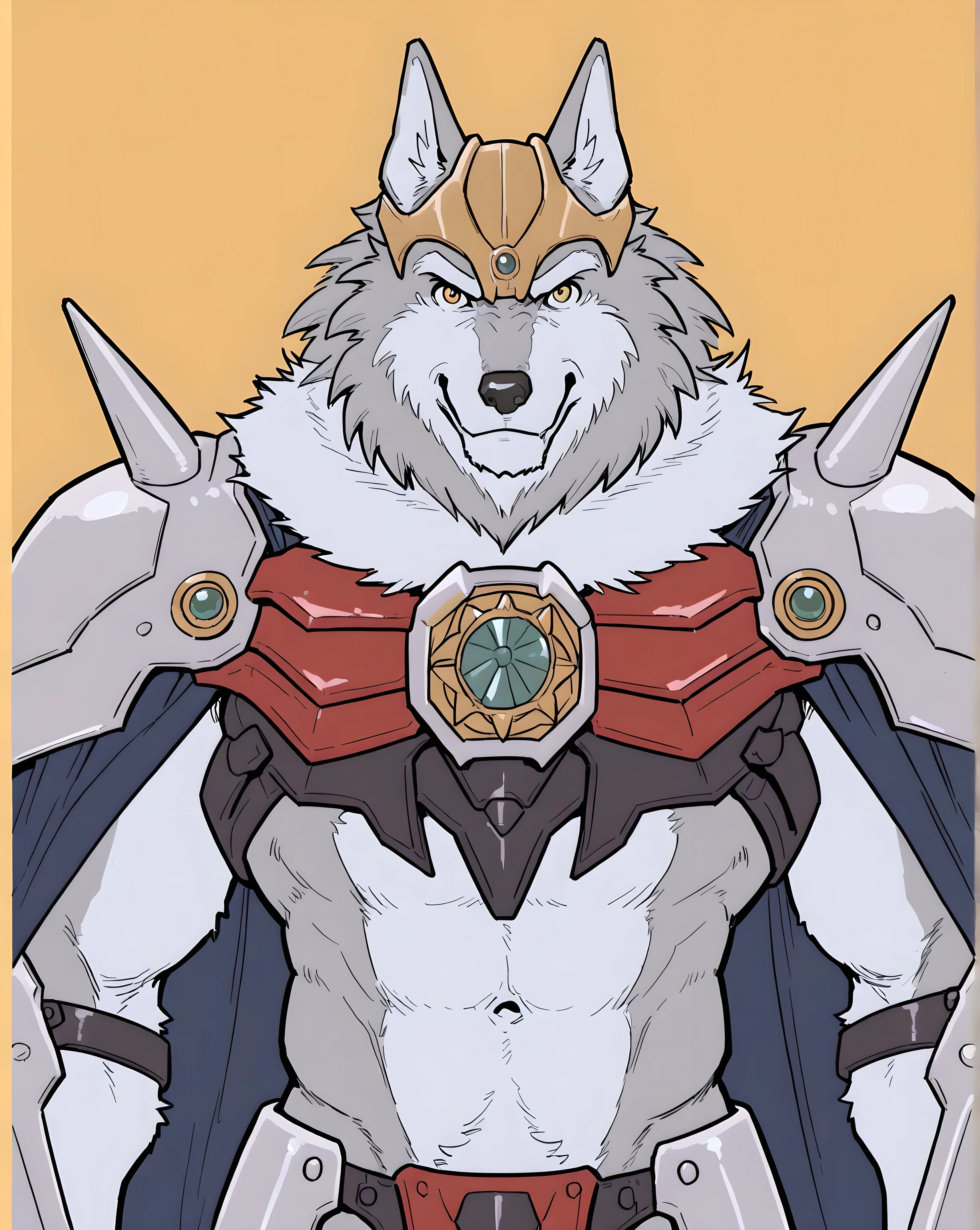 greyfus, wolf, flat color, male, muscular, simple background, looking at viewer, anthro, speedos, half body, armor, cape