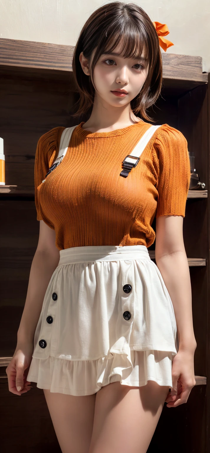 (8K, RAW Photos, Highest quality, masterpiece:1.2), (professional photography, full colors, studio-caliber color grading), (Gravure quality for high-end fashion magazines), BREAK,18 year old girl, short bob hair, crying a little, Harajuku style, Big Natural Color Lip, (Plumpy body:1.2 (smooth skin:1.1 (huge breasts:1.0 BREAK ((orange, tangerine) and white theme:1.4 (family restaurant waitress uniform:1.2 (wearing an (orange high waist jumper skirt, orange layered waist apron with orange shoulder straps) over a (white blouse with white buttons):1.4 (emphasize under boobs:1.5 (fusion of bouffant sleeve and short sleeve:1.3 (button up:1.2 (wearing a orange shoulder straps over a white blouse:1 ((bare arms, bare legs):1 (pumps:1.1