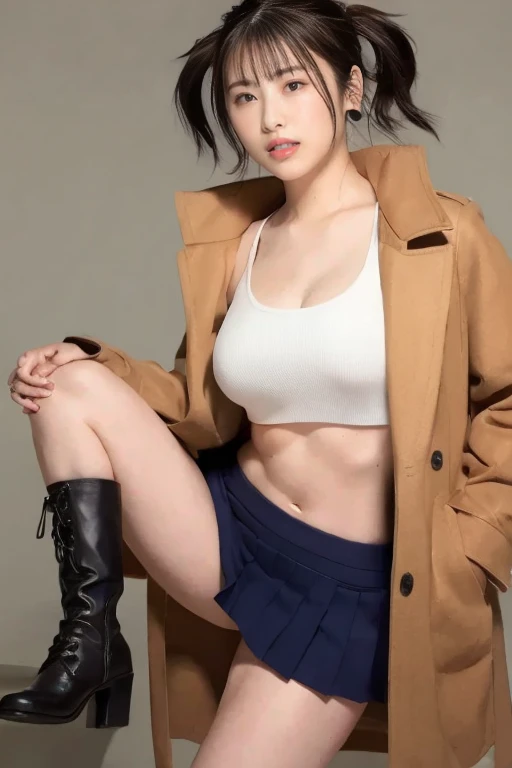 (RAW shooting, Photoreal:1.5, 8k, highest quality, masterpiece, ultra high resolution), perfect dynamic composition:1.2, Highly detailed skin and facial textures:1.2,beautiful and aesthetic:1.2, full body, sneakers, Fair skin, (large breast:1.4, Chest gap:1.4),(ayuhara natsu,earrings,necklace,1girl, tall, long legs, makeup, black hair, short hair,perfect thigh, tight short shorts,tight red jacket,bandages,knee pads),(simple background:1),
