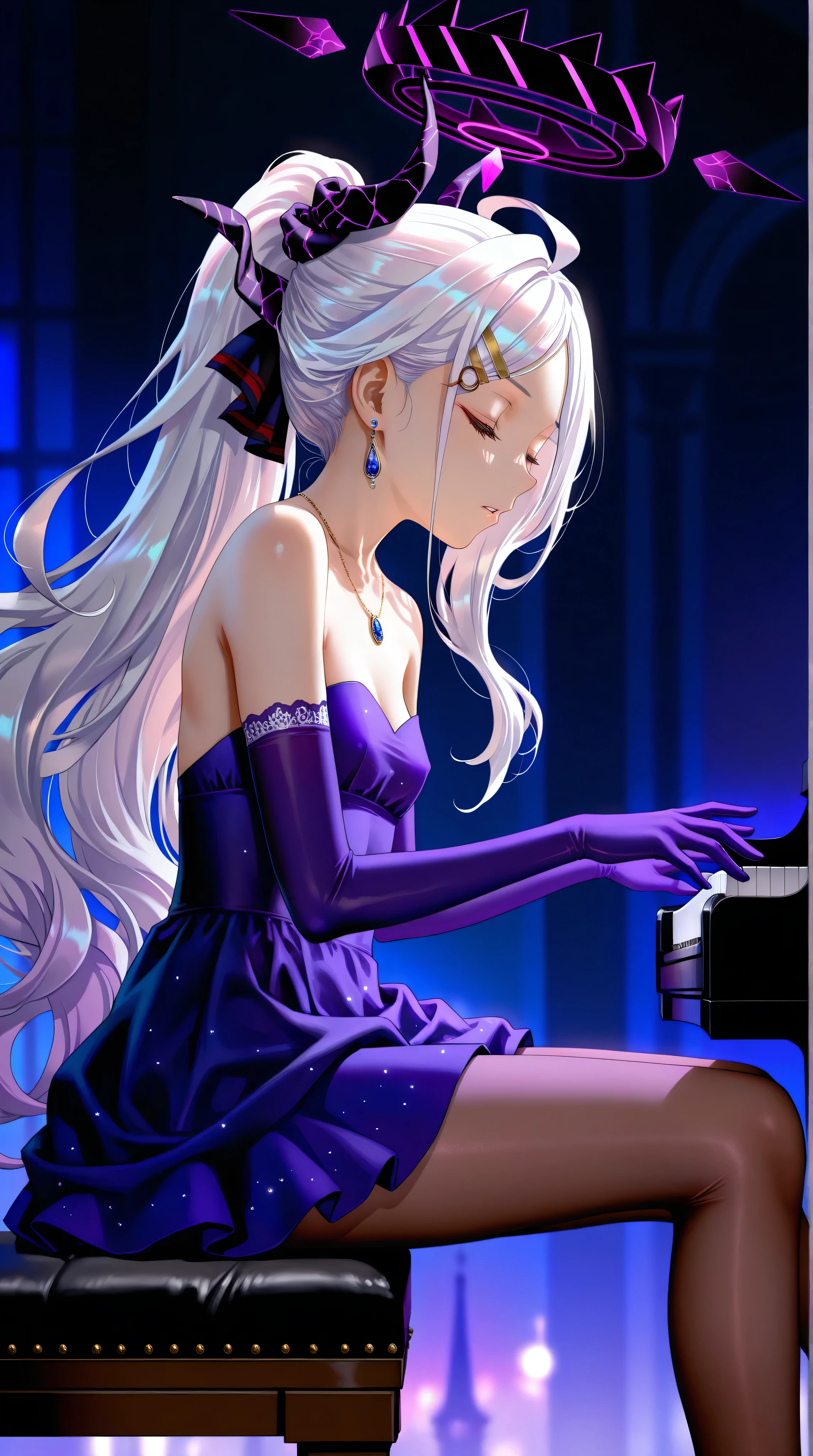 (from side,side view),1girl,Sorasaki Hina\(blue archive\),white hair,gloves,pantyhose,dress,closed eyes,piano,close up,sitting,jewelry,elbow gloves,horns,dynamic angle,(playing piano),leaning back,brown pantyhose,purple gloves,long hair,foot,foot focus,necklace,purple dress,side ponytail,parted lips,bare shoulders,instrument,bangs,hair ornament,breasts,small breasts,strapless,feet out of frame,earrings,strapless dress,parted bangs,(light brown pantyhose,see-through pantyhose:1.2),(skin-colored pantyhose:1.3),skin legwear, purple theme, purple lighting, 
masterpiece,best quality,newest,highres,absurdres,very awa,shiny skin,chiaroscuro,zuharu kina,(torino aqua:0.8),(fuzichoco:0.9),morikura en,(free style \(yohan1754\):0.9),as109,(wlop:0.8),realistic,blurry background