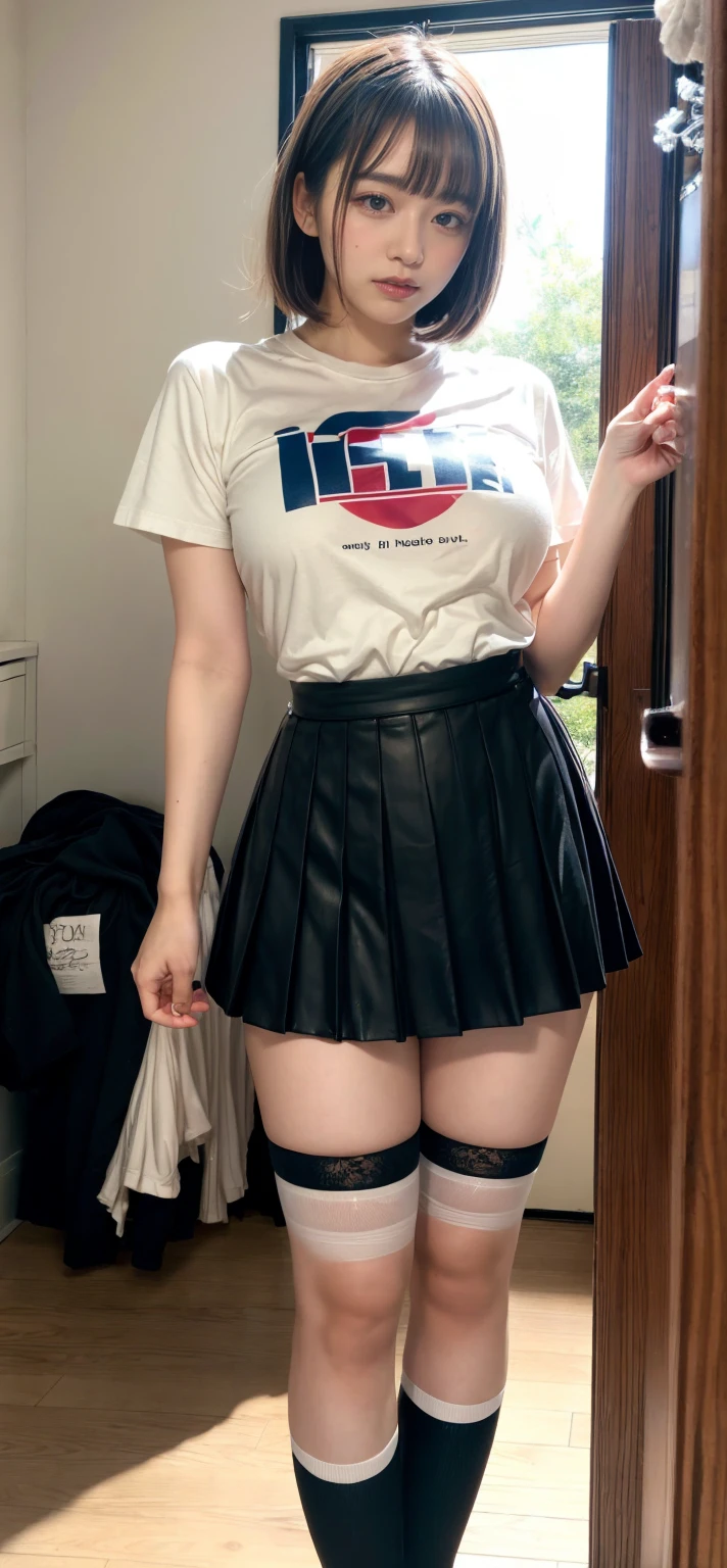 many t-shirts on floor, plaid skirt, (invisible, no humans, headless, faceless:1.5), cute big breasts