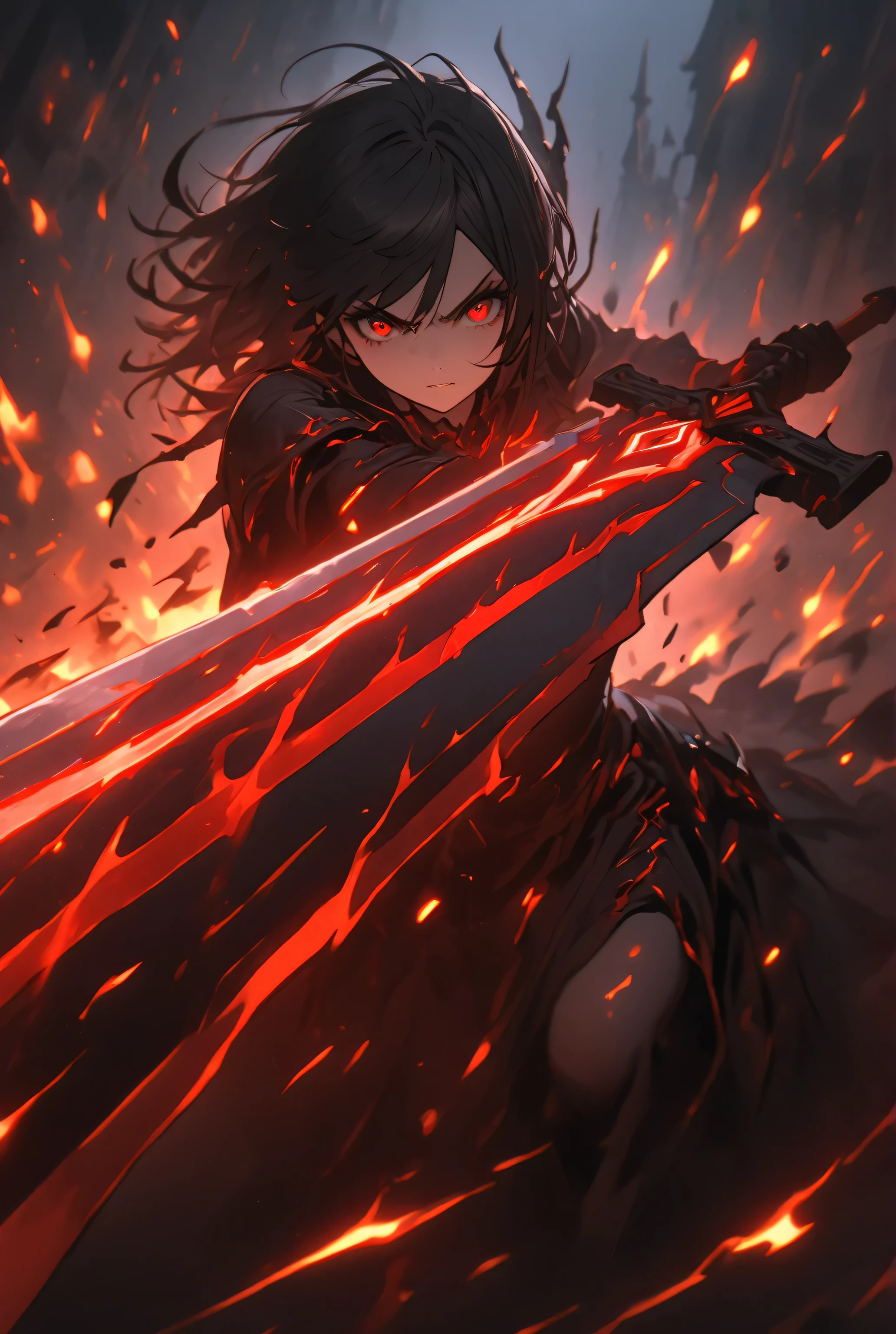 The dynamic scene captures,
the instant energy sparks as a woman with black hair and red eyes,
launches a thrusting attack with a great sword that is covered in black flames,
The black flames surrounding her greatsword give it an eerie glow,
dark fantasy,