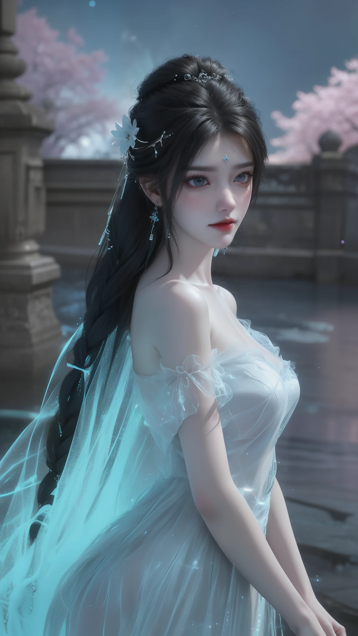 light particles, halo, (bioluminescent:0.95), bioluminescent, piercing glare,  vibrant, (((colourful))), color, (glowing, glow),ancient customs, wind blow, blossom, pond, night, moon relection in the pond, reflection light, depth of field, from behind, multiple views, delicated best quality ,masterpiece, illustration, an extremely delicate and beautiful, extremely detailed ,CG ,unity ,8k wallpaper, Amazing, finely detail, masterpiece,best quality,official art,extremely detailed CG unity 8k wallpaper,absurdres, incredibly absurdres, huge filesize , ultra-detailed, highres, extremely detailed,beautiful detailed girl, extremely detailed eyes and face, beautiful detailed eyes,light on face,1girl, (Super realistic),  (black hair), (hair over one eye), (single braid hair), (rainbow eyes), ((hair ornament)), ((jewelry)), (hair jewelry), (((describe the arm in detail))), (((Super ))), ((sagging breasts)), ((Plump body)), (thighs), ((Plump )),, (detailed description of hair), ((upper body)), (Bare shoulder), ((collarbone)), (off shoulder), (Shiny skin), (detailed description of face), (Extremely detailed description of the eyes), (detailed description of body), (white and translucent skin), peerless beauty, (extreme beauty), (red lips), (shy ), (seductive smile), ((gothic tia dress)), (every pose),(smiling)