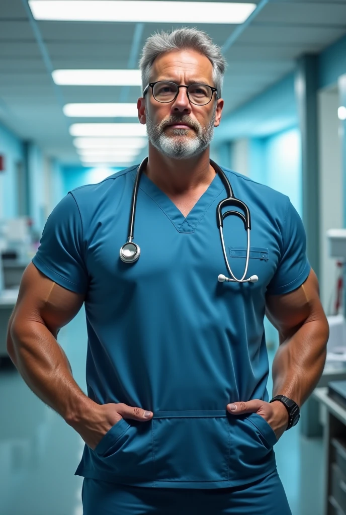 An award-winning original photo,A wild muscular man, (40 years old daddy:1.1), 1boy, Solo, doctor, (white lab coat, shirtless, Stethoscope), black with gray hair, (big shoulder), musculature, stubbles, Short beard, wearing glasses, smiles, Dynamic Angle, volumetric lighting, (Best quality, A high resolution, Photorealistic), Cinematic lighting, Masterpiece, RAW photo, Intricate details, hdr, depth of field, full body shot