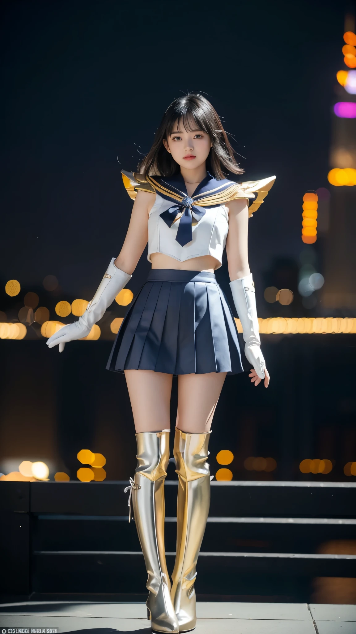 A young girl dressed in a fusion of Sailor Saturn and Saint Seiya armor. She has short black hair and wears a dark blue pleated mini skirt, a matching choker, long white gloves, and knee-high boots. Her Sailor outfit seamlessly merges with Saint Seiya-style armor, including shoulder guards, waist armor, arm guards, and leg armor. The armor is sleek, metallic gold, and intricately designed, complementing the elegance of her Sailor uniform. She stands in a heroic pose, exuding both grace and strength, city background, tall buildings, trees, blurry.