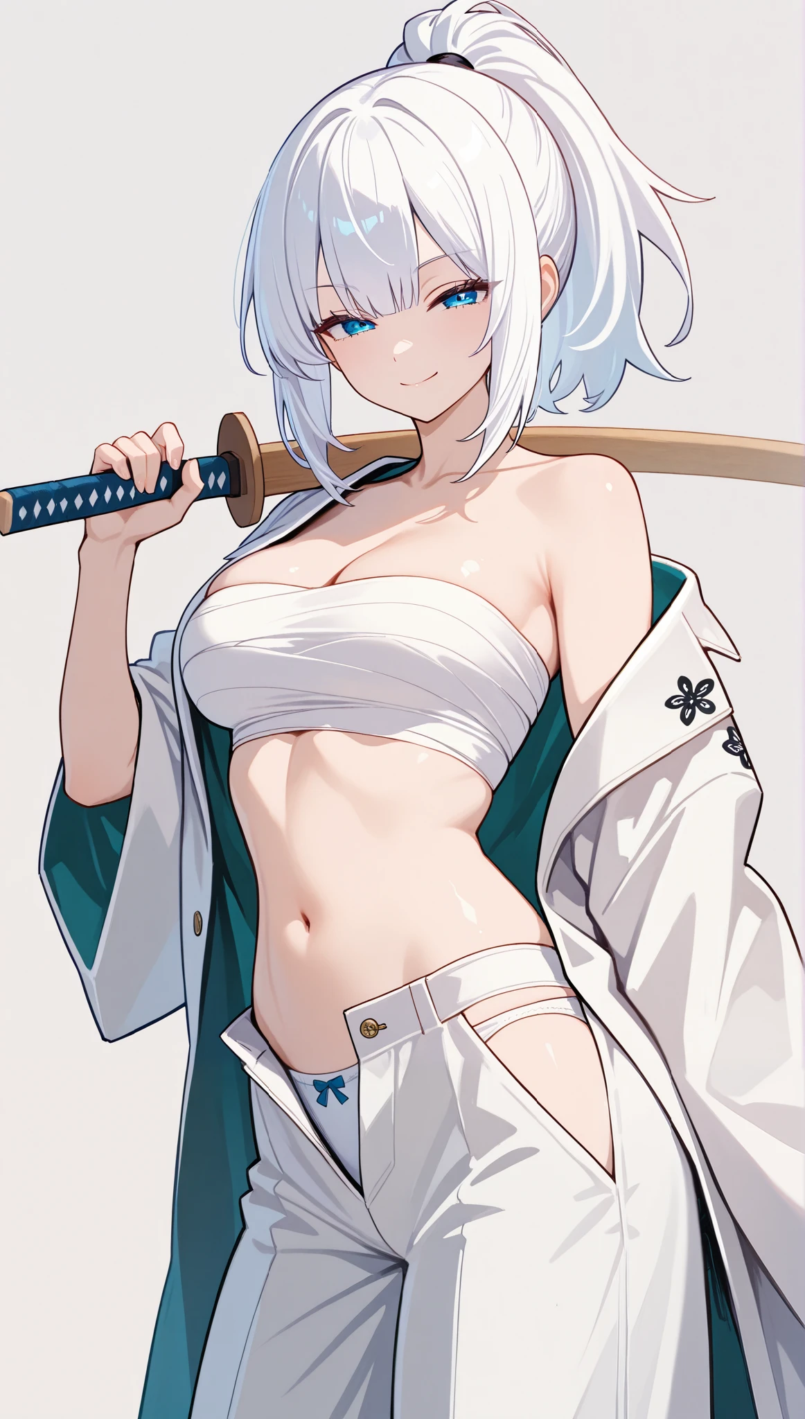 1girl,bousouzokku,  white hair, ponytail, wooden sword on hand shoulder, serious,  half closed eyes, japanese writing on clothes, tomboyish smile, dead end,
sarashi, white coat, long pants, open pants sexy panties visible,
cleavage, stomach,
(masterpiece:1.2), (best quality:1.2), (very aesthetic:1.2), (absurdres:1.2), (simple background, florest), newest, intricate details, perfect anatomy.