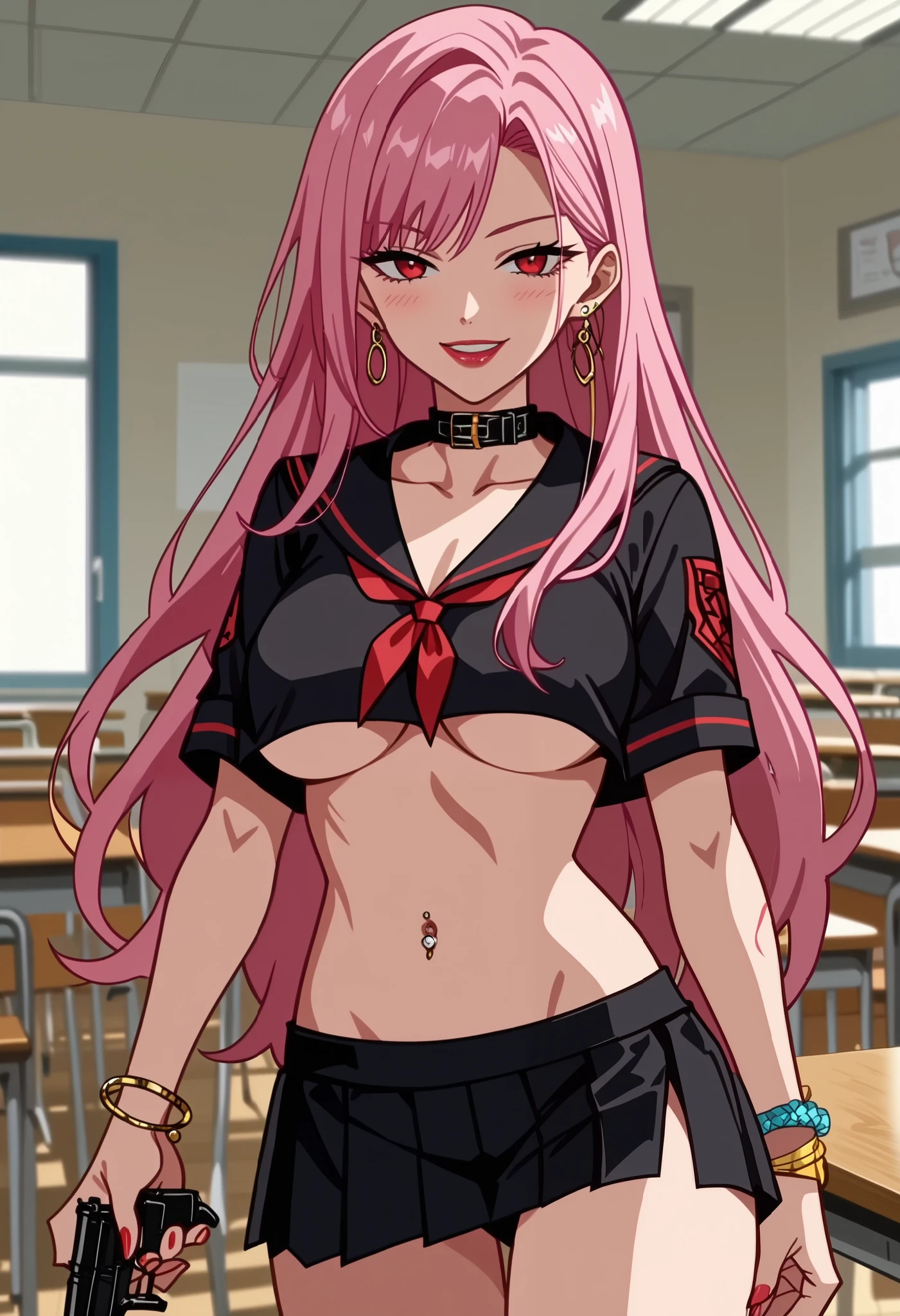 ultra detailed, perfect details, 1girl, solo, indoors, dnfduelspectre, very long hair, pink hair, curtained bangs, red eyes, single earring, mature female , jewelry, black collar, bracelet, (anime coloring:1.5), (anime screencap:1.5), large breasts,
, ear piercing, long hair, blush, lipstick,Hot girl, baddie, smoking, sensual, attractive ,,
masterpiece, best quality, highly detailed, a anime girls in sailor uniforms with a gun posing for a picture,
evil smile, smile, open mouth,black_serafuku, ecchi anime style, anime girls , (nsfw) not safe for work,
ecchi style, ecchi, shipgirls, digital anime art!!, high school girls, holding a gun, hold a gun, anime style 4
k, micro skirt, exposed belly, exposed navel, exposed midriff, holding pistol,underboob,
exposed lower belly,school, classroom, navel piercing,, dragon tattoo, narrowed eyes, tattoo midriff,