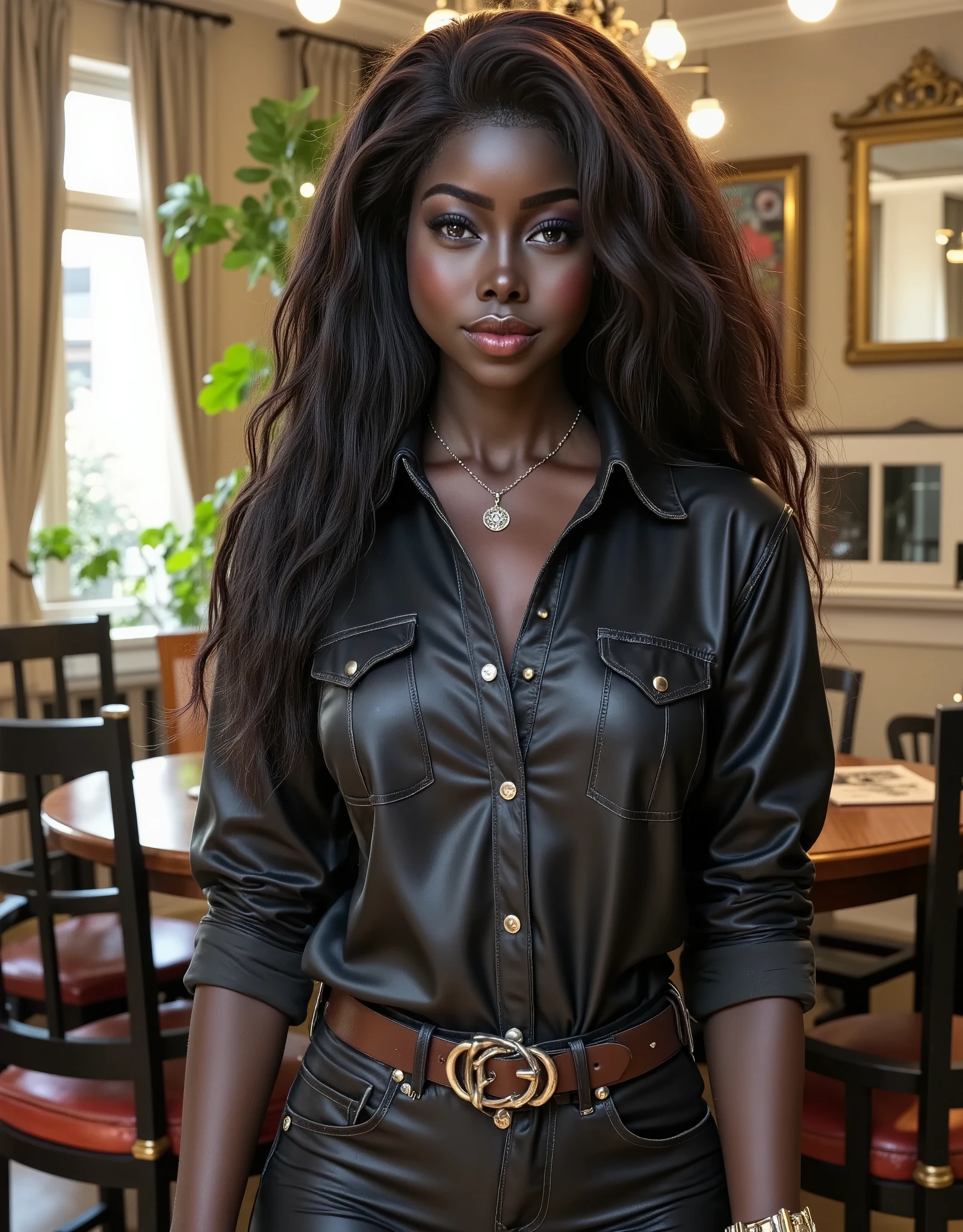 ebony woman, satin shirt, long sleeves,  jewelry, necklace, bracelet, posing in her living room