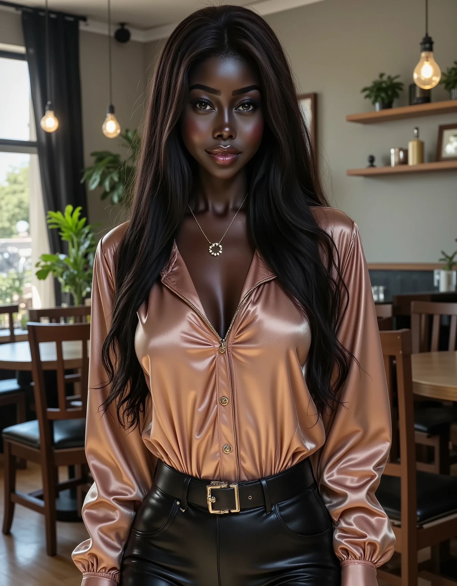 ebony woman, satin shirt, long sleeves, jewelry, necklace, bracelet, posing in her living room