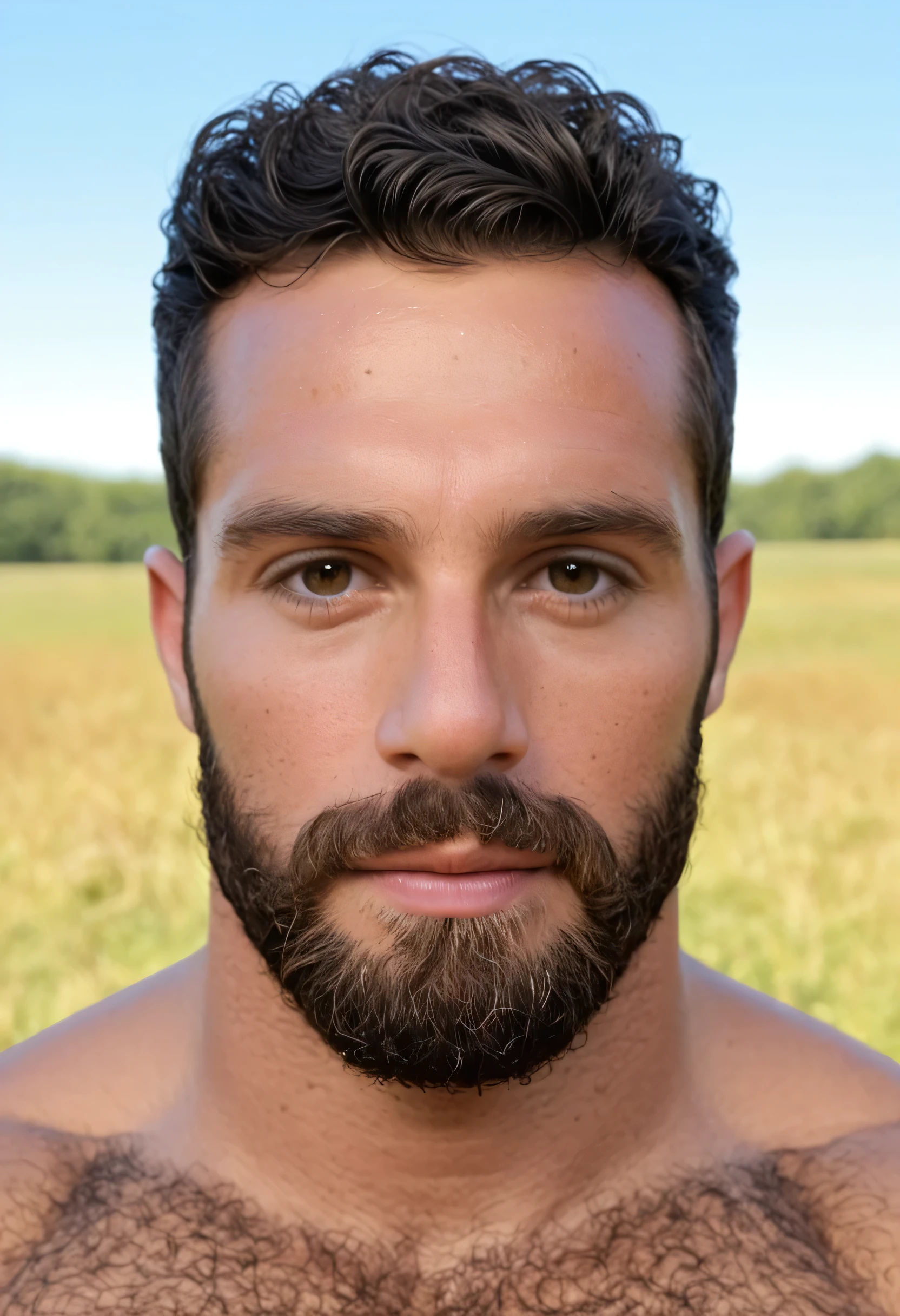 score_9, score_8_up, score_7_up, (bearded man:1.2), short beard, short black hair,outside, detailed background, hairy chest, 30 years old, looking at viewer