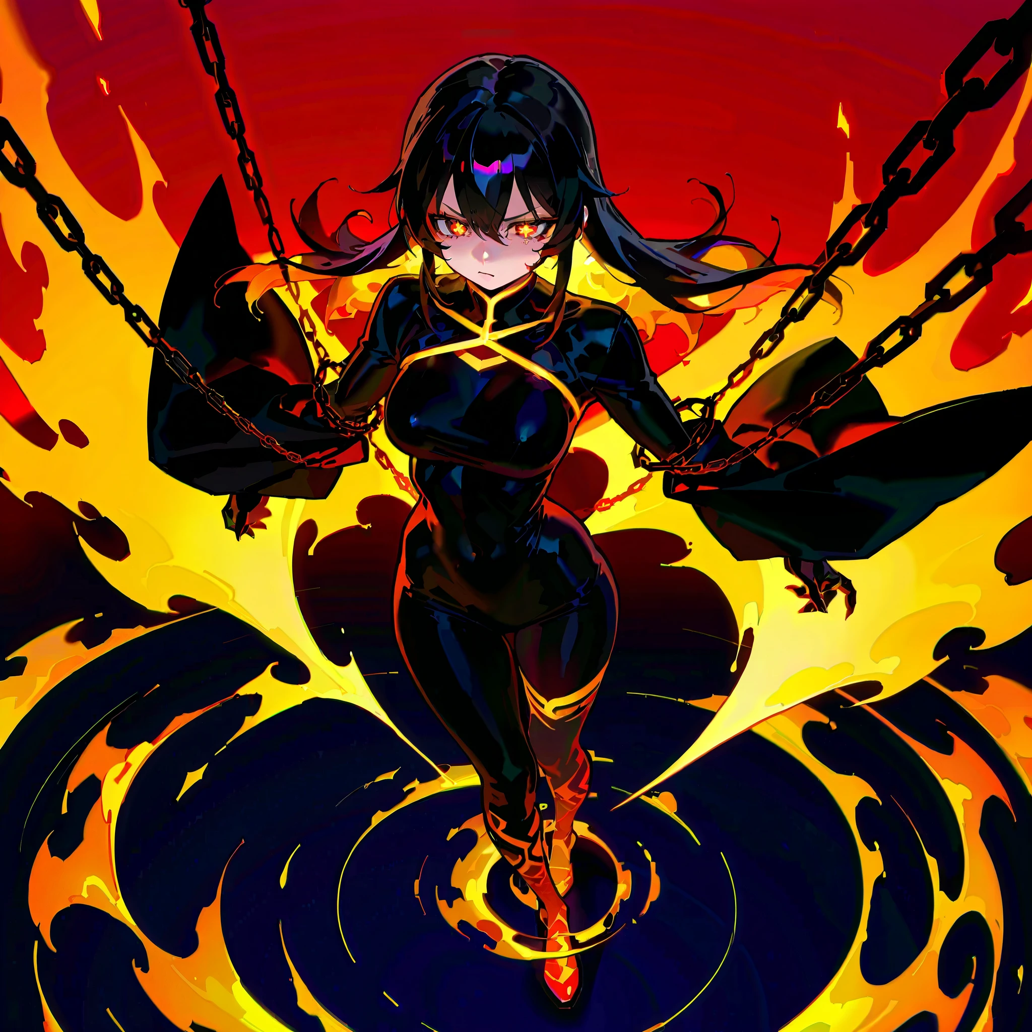 full body cyber ninja girl, Delicate arms and hands++,✌++, (masterpiece, best quality, illustration)++, beautiful detailed girl, ultra-detailed++, from above, dramatic angle+, dynamic composition++, 1girl, cyber gothic dress+, tendrils of dark shadow+, (burning red city background)++, game cg++, Ragged robes++, an extremely delicate and beautiful+, Perfect female body, slender waist, neat athletic body++++, angry, half-closed eyes+, bored face, hair between eyes, bangs, eyebrows visible through hair, long hair, black hair, full body, held chain sickle, Wings shaped from burning ashes, whole body