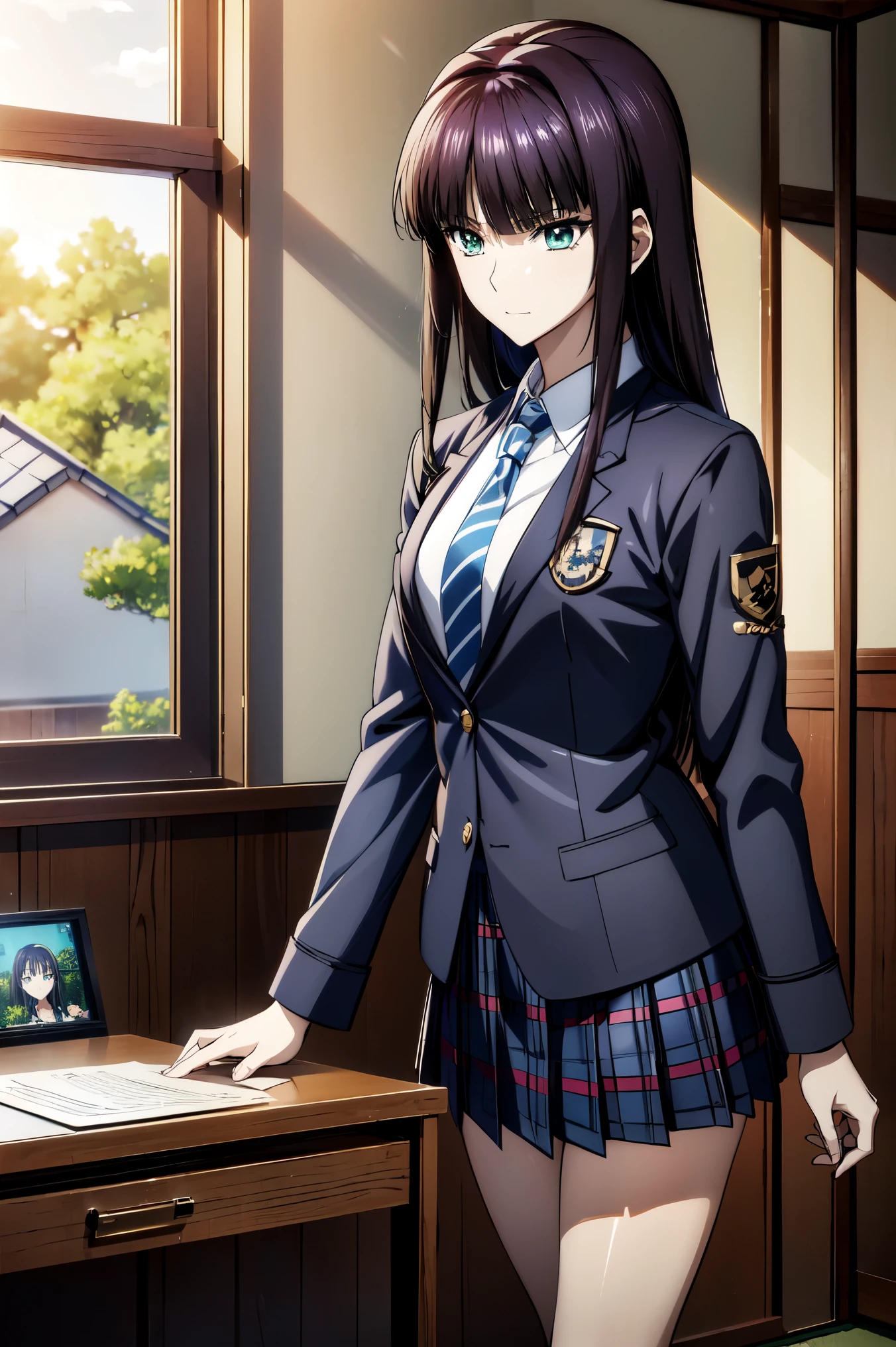 blazer uniform,赤 purple hair, green eyes, eyes like jewels, super high resolution, ((( green eyes))),赤 purple hair, beautifulアニメ高校の女の子,(Masterpiece:1.2, 最 high quality ), ( is present, photo is present:1.4), beautifulイラスト, ( natural light , Movie Screenplay ), nsfw, watch viewers , COWBOY SHOOTING , front view of the company:0.6, 1 girl, Japanese, university student の女の子, perfect face, beautiful髪, beautiful顔, beautiful and amazing eyes, beautiful鎖骨, beautiful体, beautiful胸, beautiful太もも, beautiful足, beautiful指 , ((( navy jacket ), Light Blue Collared Shirt, Dark Blue Pleated Mini Skirt Vibrator , Black Socks , blue tartan ribbon tie )), ( beautiful風景), evening , Riverside, walk, smooth anime cg art , 魅惑的な Anime Girl , Let's Make a Girl in a Long Coat , high definition, very detailedなイラスト, High Resolution Faces in a Gorgeous Guest Room , RAW photos in the loop, film grain , standing , UHD and 8K Connection , 長い赤 purple hairと green eyesをした Anime Girl , Anime Moe Art Style , 若い Anime Girl の接写, smooth anime cg art , beautifulアニメの university student の女の子, Anime Moe Art Style , シュールな university student の女の子, Anime Girl , 魅力的な Anime Girl , シュールな university student の女の子, GIRL WITH SHINY CLOTHING , high definition, CG Details , high quality shadows, beautiful、delicate face、All the details , ディテール beautiful DELICATE EYES FULL OF DECISION,break( High Resolution 8K Wallpaper ),(高度に CG Details 8kの壁紙),Makima ( chainsaw man ),Scathach ( destiny / Grand Order Required ),reika shimohira , high definition, とても繊細で beautifulCGイラスト,最 high quality , is present Feeling , is present fabric, is present texture,((( debris flies))), (((最 high quality ))),8k,At 32k,Masterpiece, beautiful and charming anime woman , Supermarkets, very detailed, high definition,シュールな university student の女の子,Masterpiece, 最 high quality , high quality , Freshness , high quality texture, high quality shadow, high detail, sex, 1 girl, university student , alone,I, alone, alone, ADULT BIB , beautiful長い脚, beautiful胸, beautiful太もも, Tight Legs , beautiful leg line , Slender Waist in an Unmanned Bar ,Mature body girl, big breasted with a cross eye, beautiful胸,reddish purple hair, purple hair, BLACK CURRANT HAIR , charming Anime Girl , colorful hair, Straight Hair ,shy smile,幸せそうなsmile, Brilliant Appearance ,cute smile,Cool Beauty, beautiful女性, handsome face , beautiful写実性, Attractive Figure , enchanting face , Calm Expression , beautiful髪,smile, colorful eyes , green eyes,Jade Eyes, beautiful目,bright eyes, DELICATE EYES FULL OF DECISION, Jewel Eyes ,Jade Eyes,( green eyes:1.5), charming face,8 heads,:171cm,彼女は首に necklace 身に着けています, necklace ,beaded necklace ,Magatama Accessories,smile, is laughing