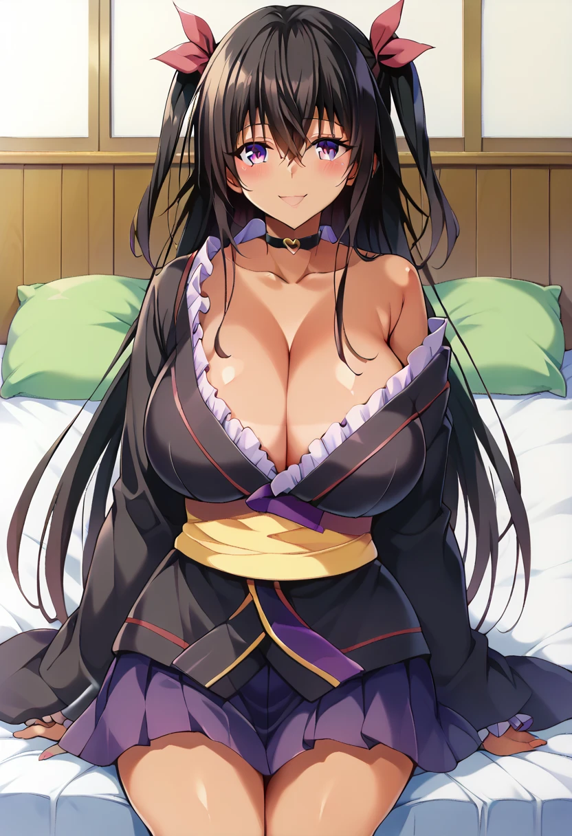 Highest quality, masterpiece, 4K, Highly detailed face, Highly detailed skin, Highly detailed wallpaper, Japanese anime, Second Dimension, Small face, Big Breasts, Normal body, Accurate body, Fine skin, Very beautiful cleavage, NSFW, whole body, One girl, Shy smile, On the bed, Sweaty, Cosplay, , mini skirt, Spread your legs